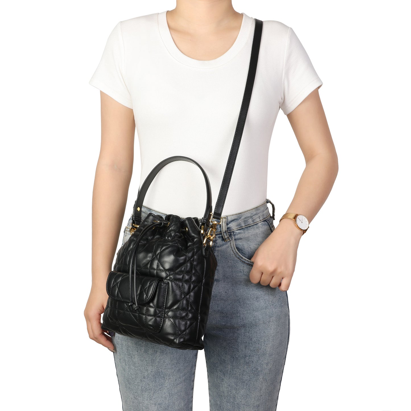 Quilted Leather Drawstring Bucket Bag