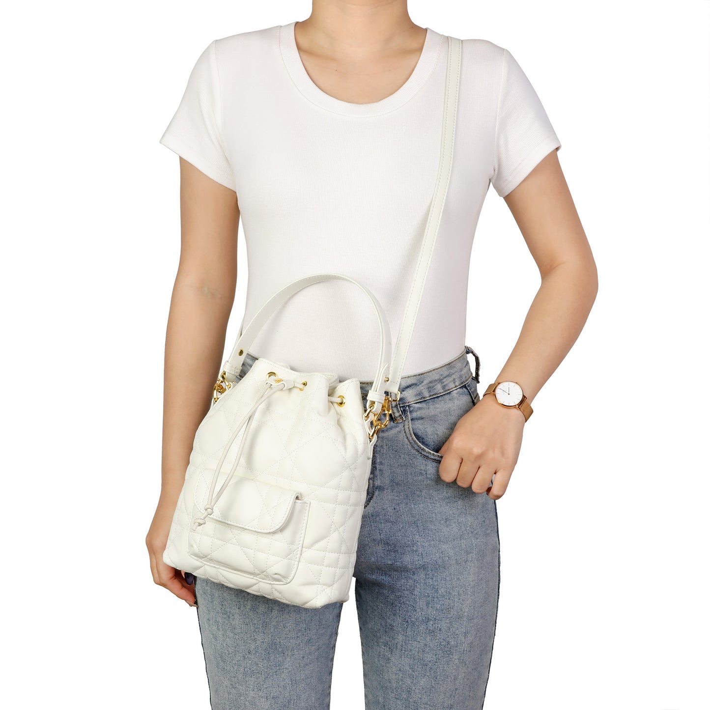 Quilted Leather Drawstring Bucket Bag
