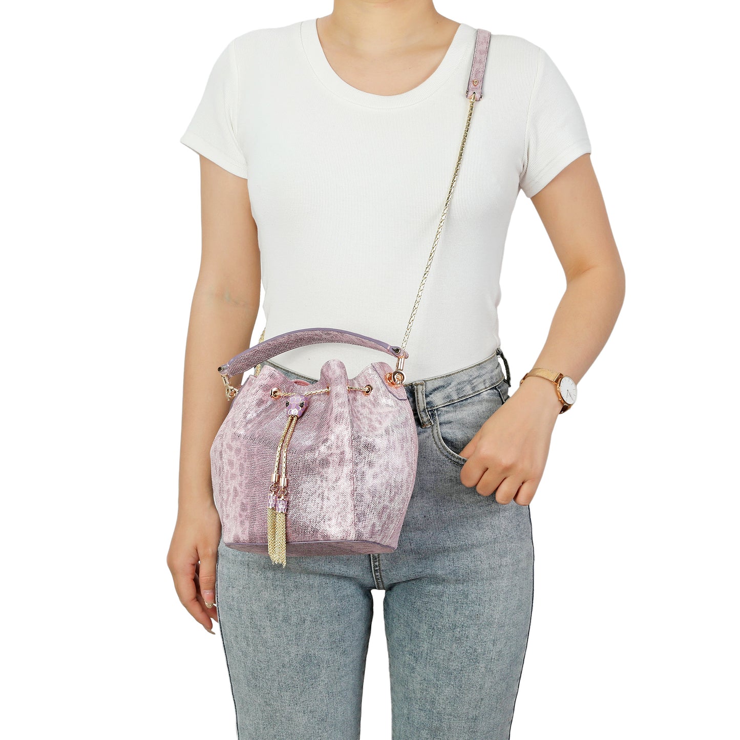 Embossed Leather Bucket Bag with Snake Charm