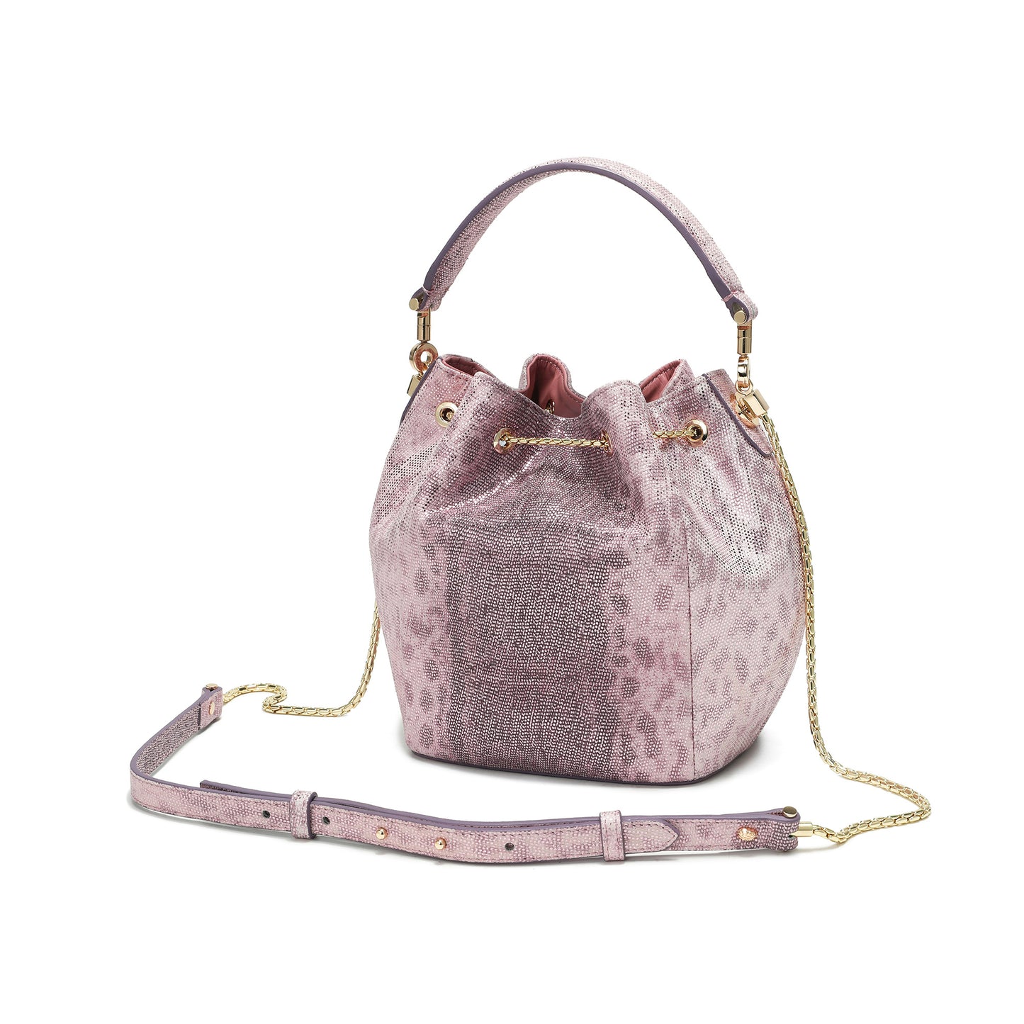 Embossed Leather Bucket Bag with Snake Charm