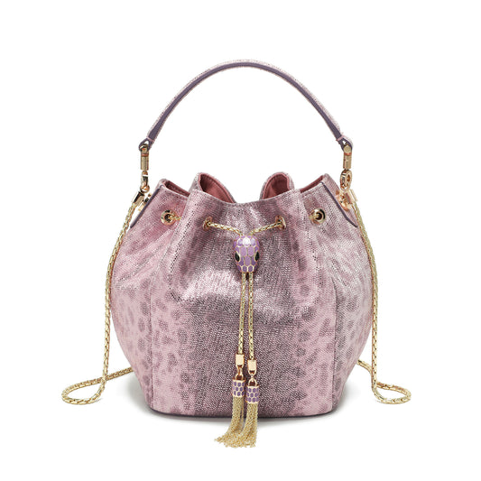 Embossed Leather Bucket Bag with Snake Charm