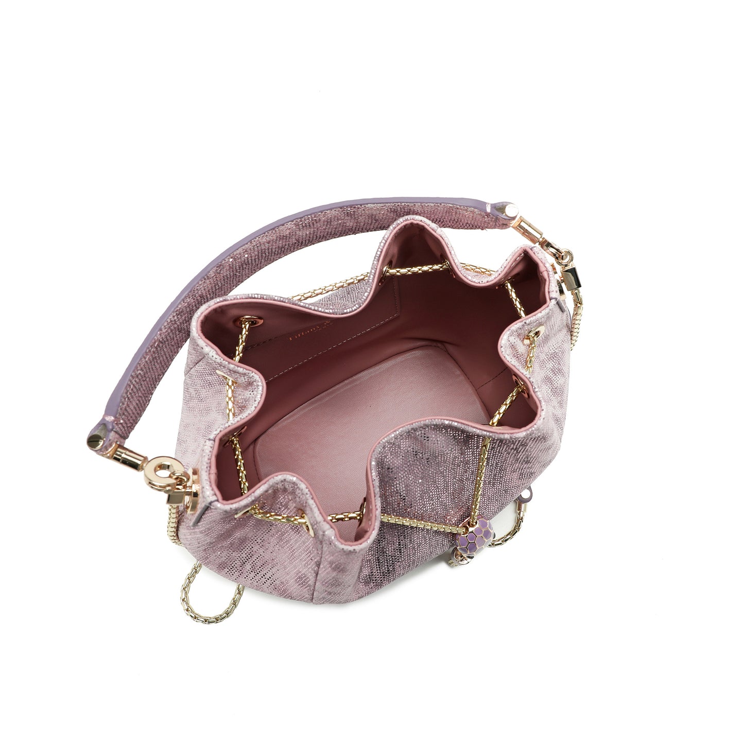Embossed Leather Bucket Bag with Snake Charm