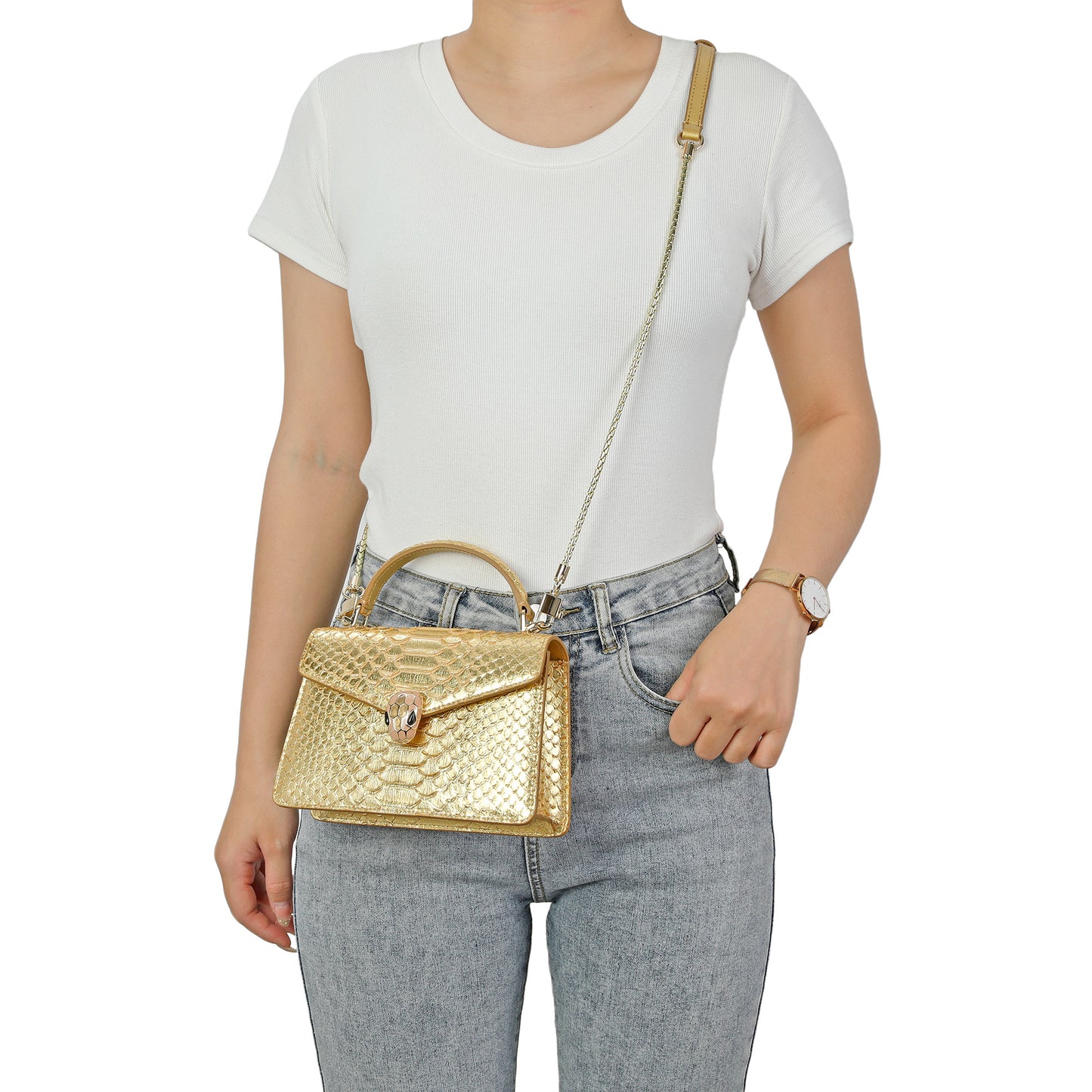 Embossed Leather Top Handle Crossbody Bag with Serpent Clasp