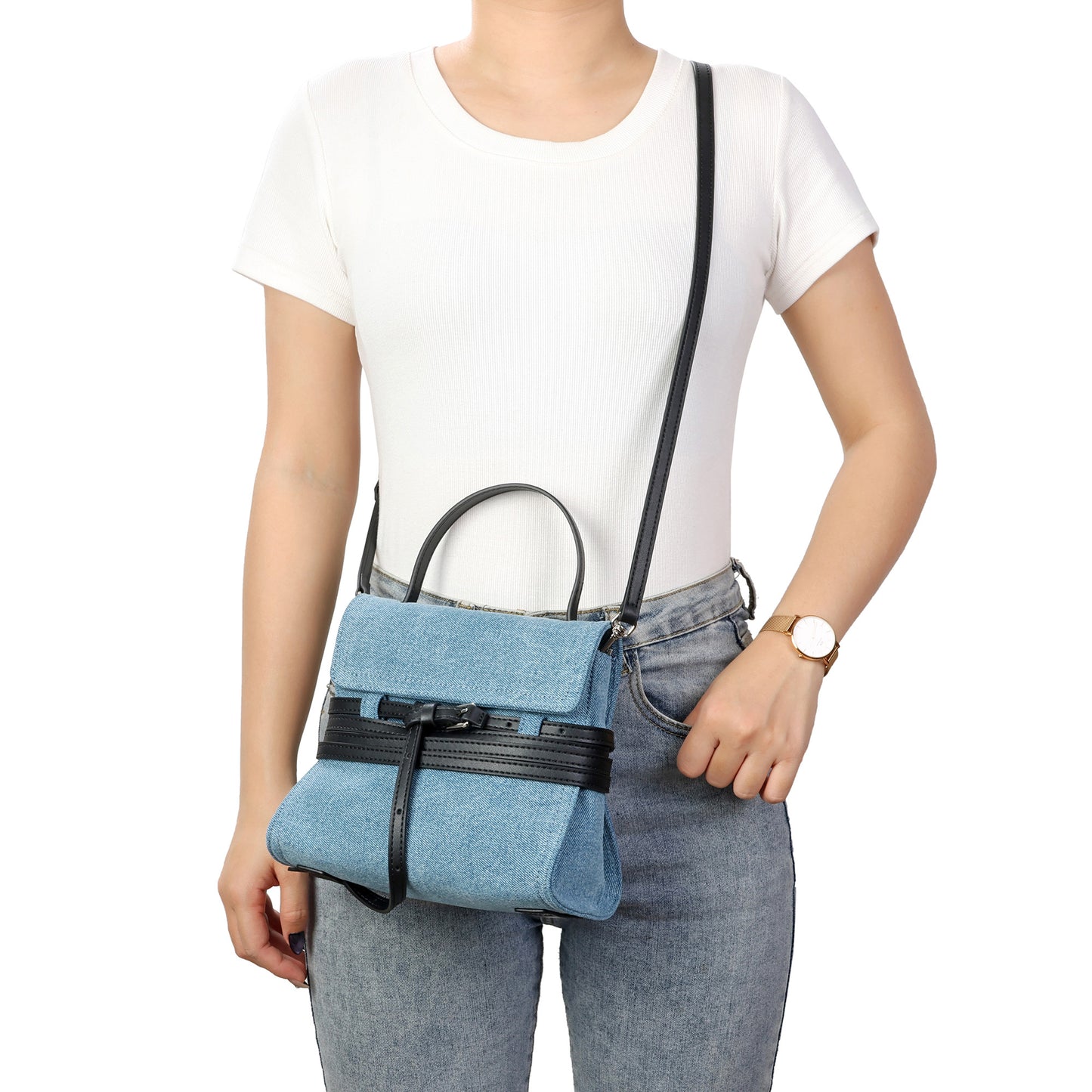 Denim & Leather Belted Mini Satchel Crossbody
