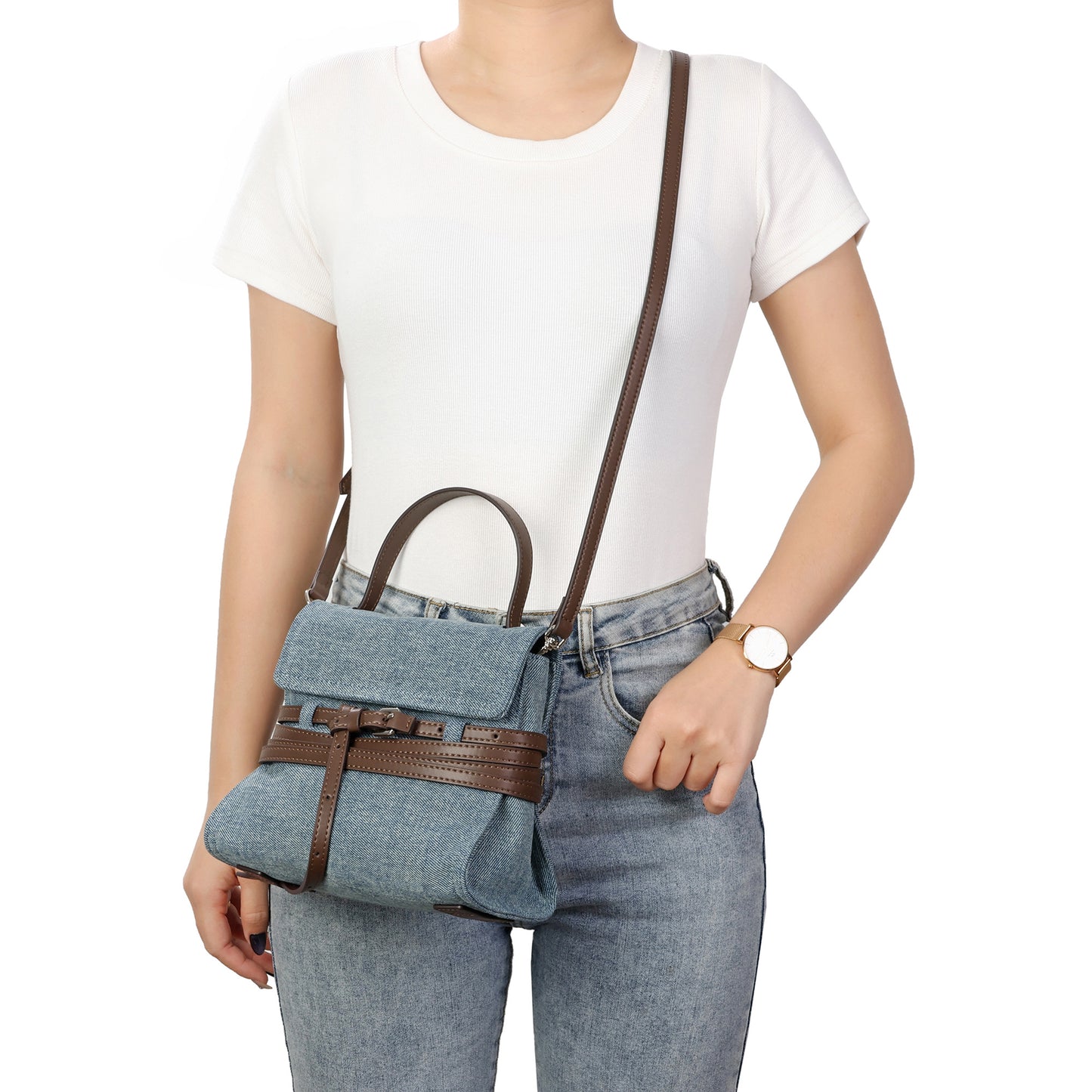Denim & Leather Belted Mini Satchel Crossbody