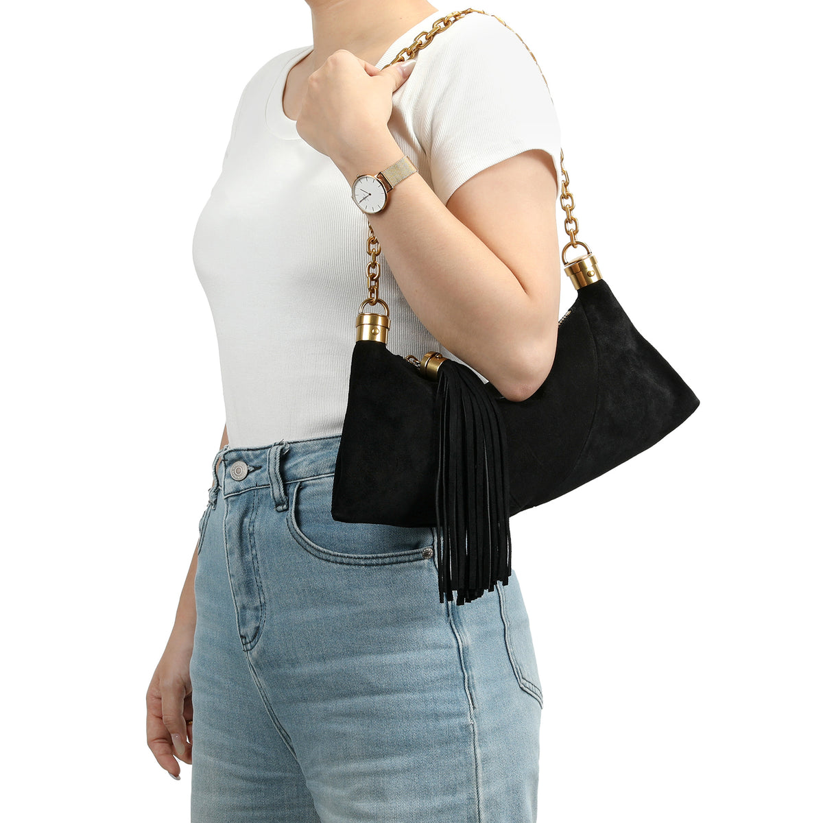 Suede Hobo Shoulder Bag with Chain Handle & Tassel