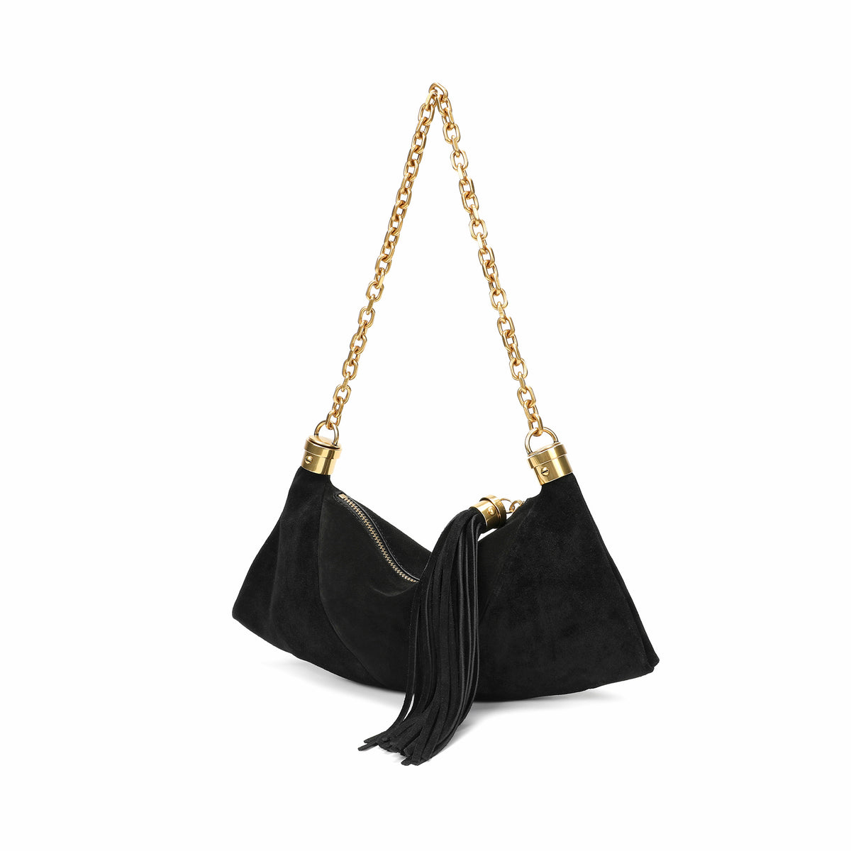 Suede Hobo Shoulder Bag with Chain Handle & Tassel