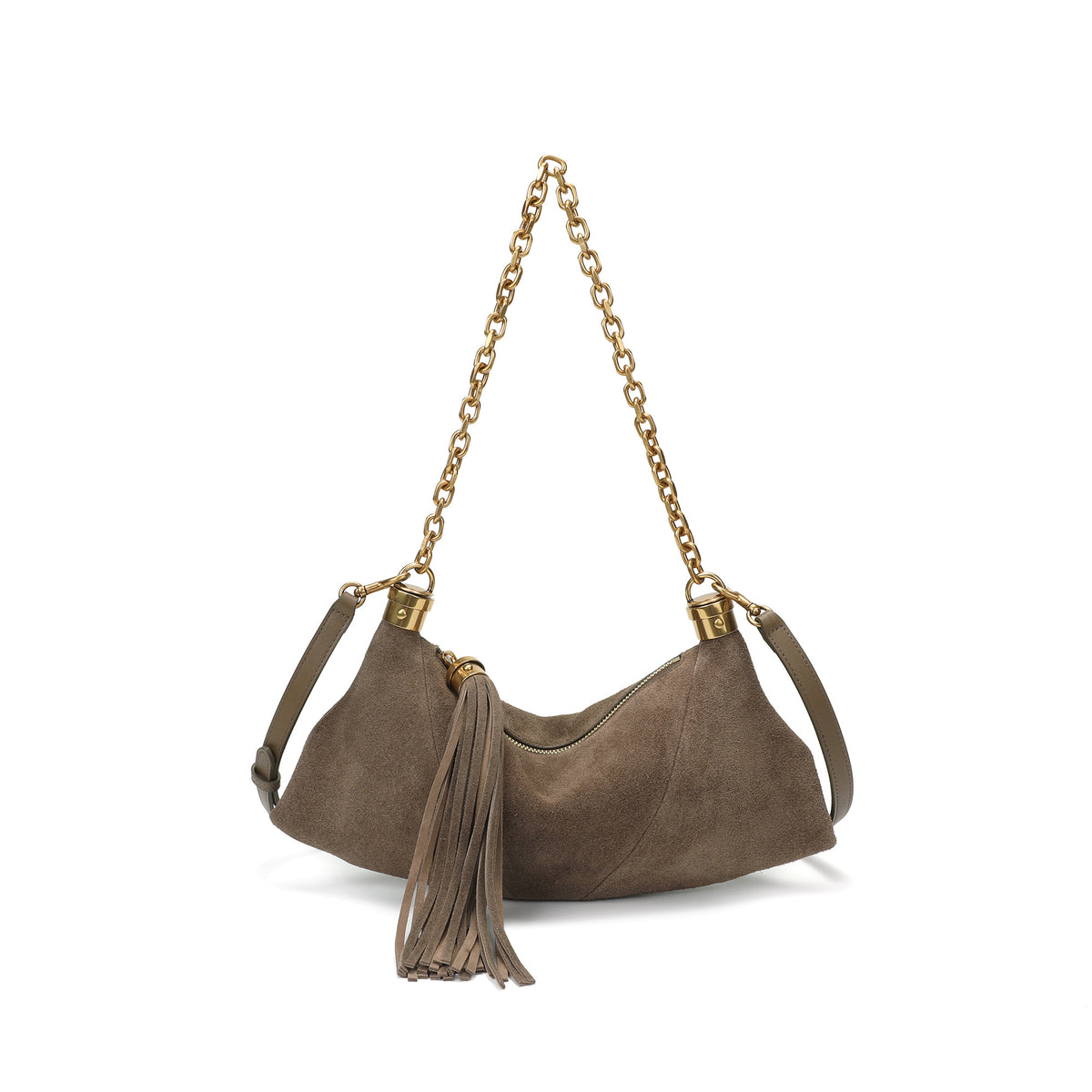 Suede Hobo Shoulder Bag with Chain Handle & Tassel