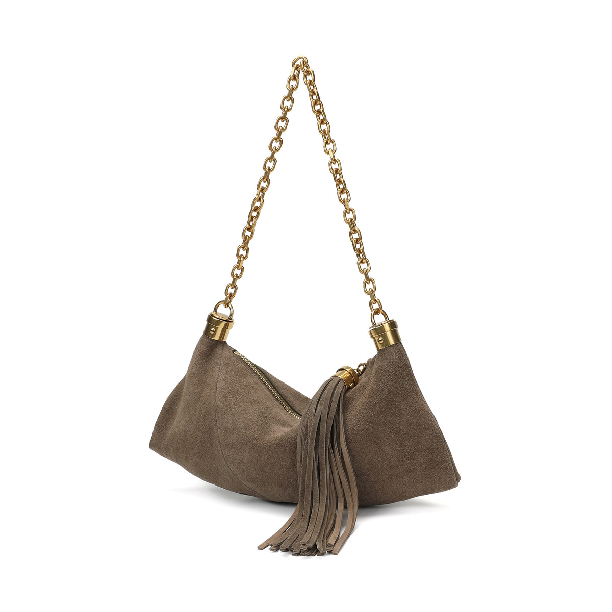 Suede Hobo Shoulder Bag with Chain Handle & Tassel
