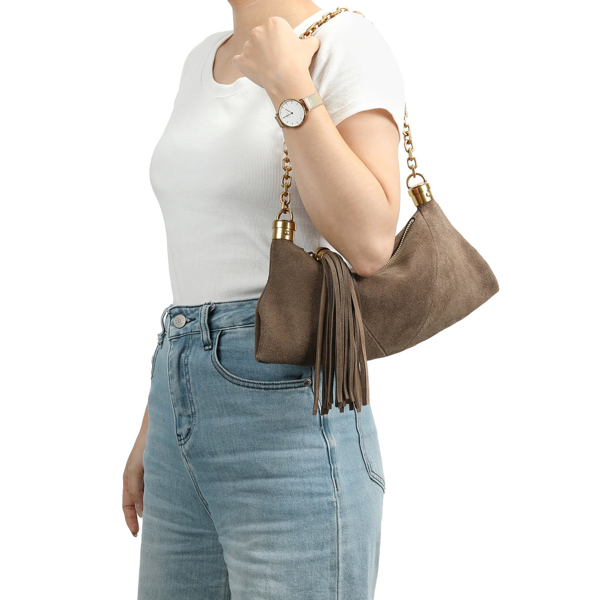 Suede Hobo Shoulder Bag with Chain Handle & Tassel