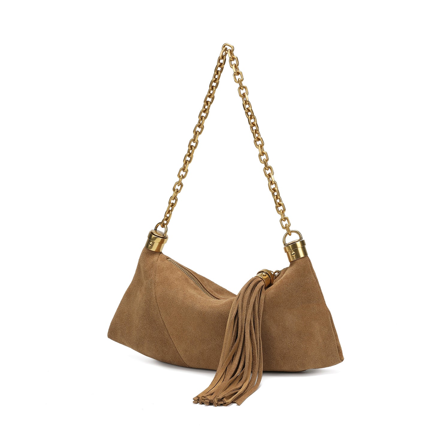 Suede Hobo Shoulder Bag with Chain Handle & Tassel