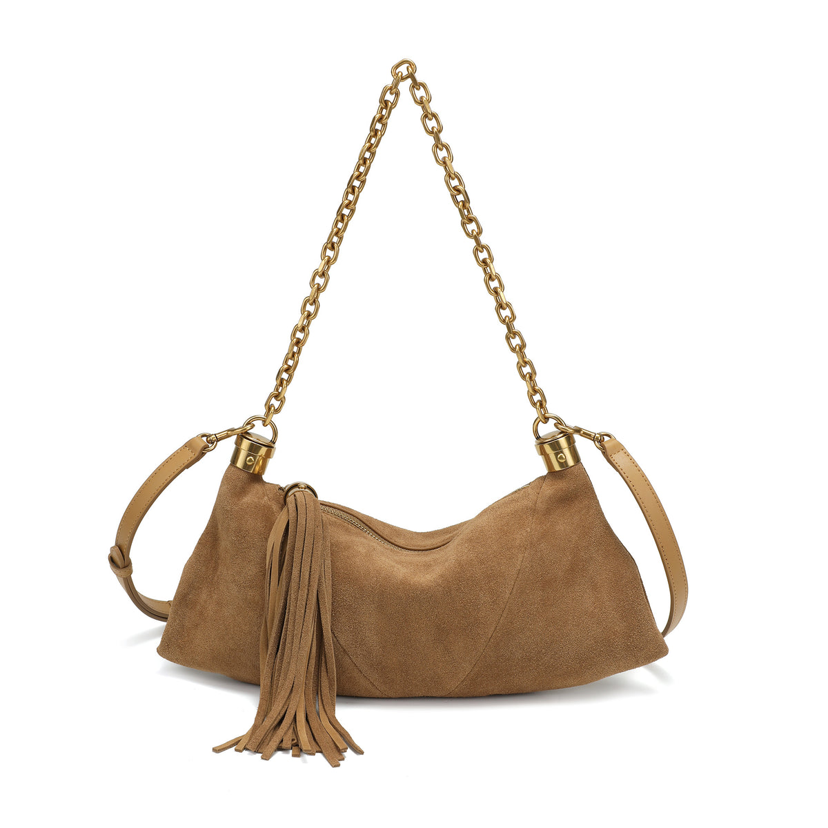 Suede Hobo Shoulder Bag with Chain Handle & Tassel