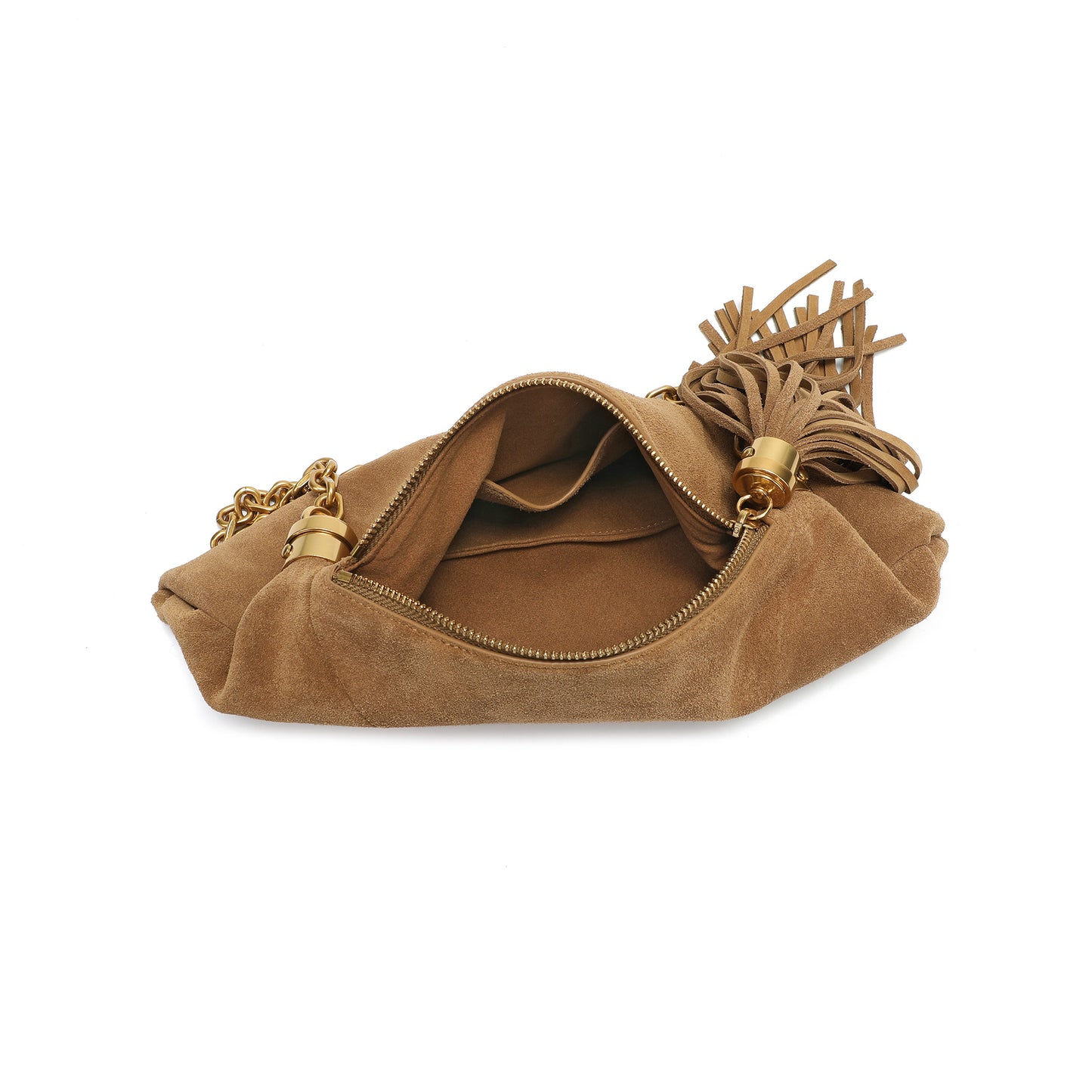 Suede Hobo Shoulder Bag with Chain Handle & Tassel