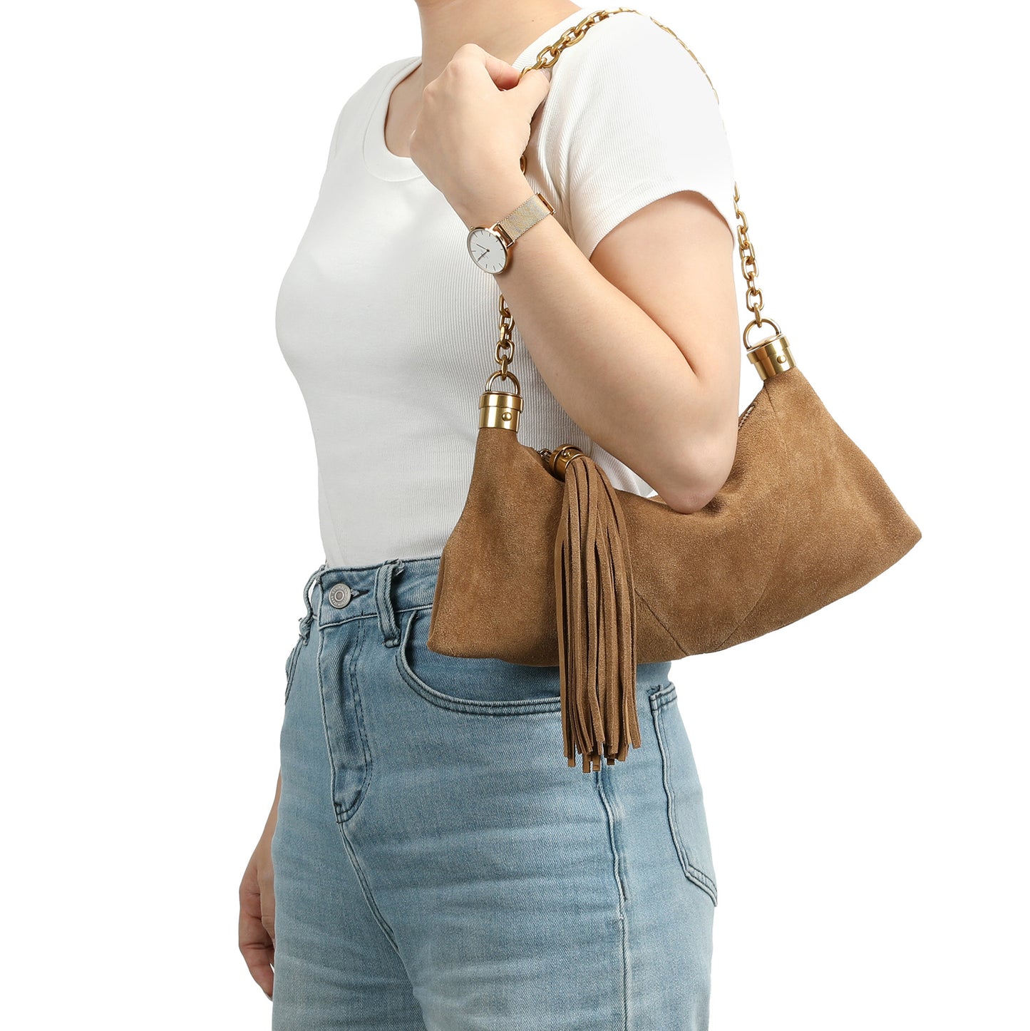 Suede Hobo Shoulder Bag with Chain Handle & Tassel