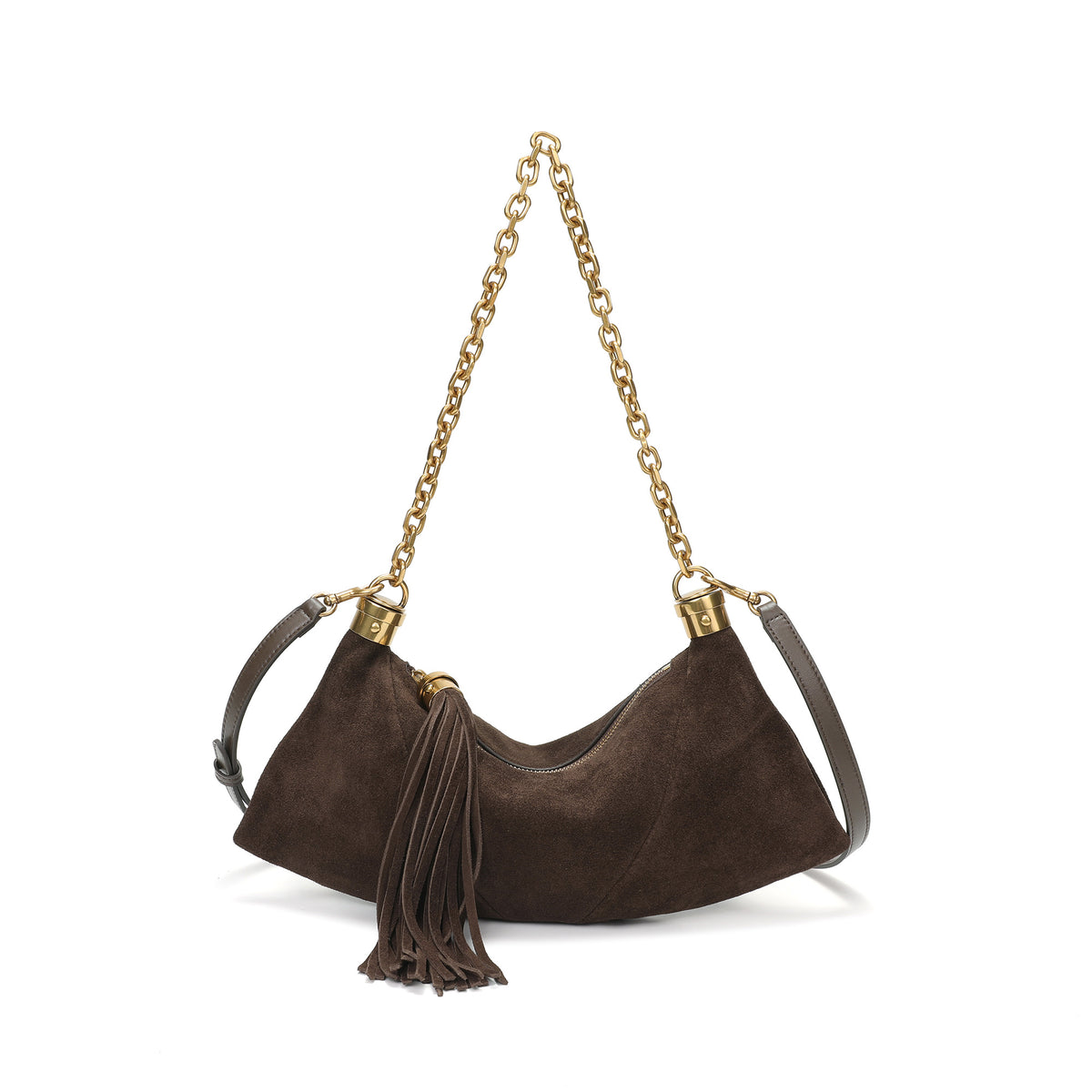 Suede Hobo Shoulder Bag with Chain Handle & Tassel