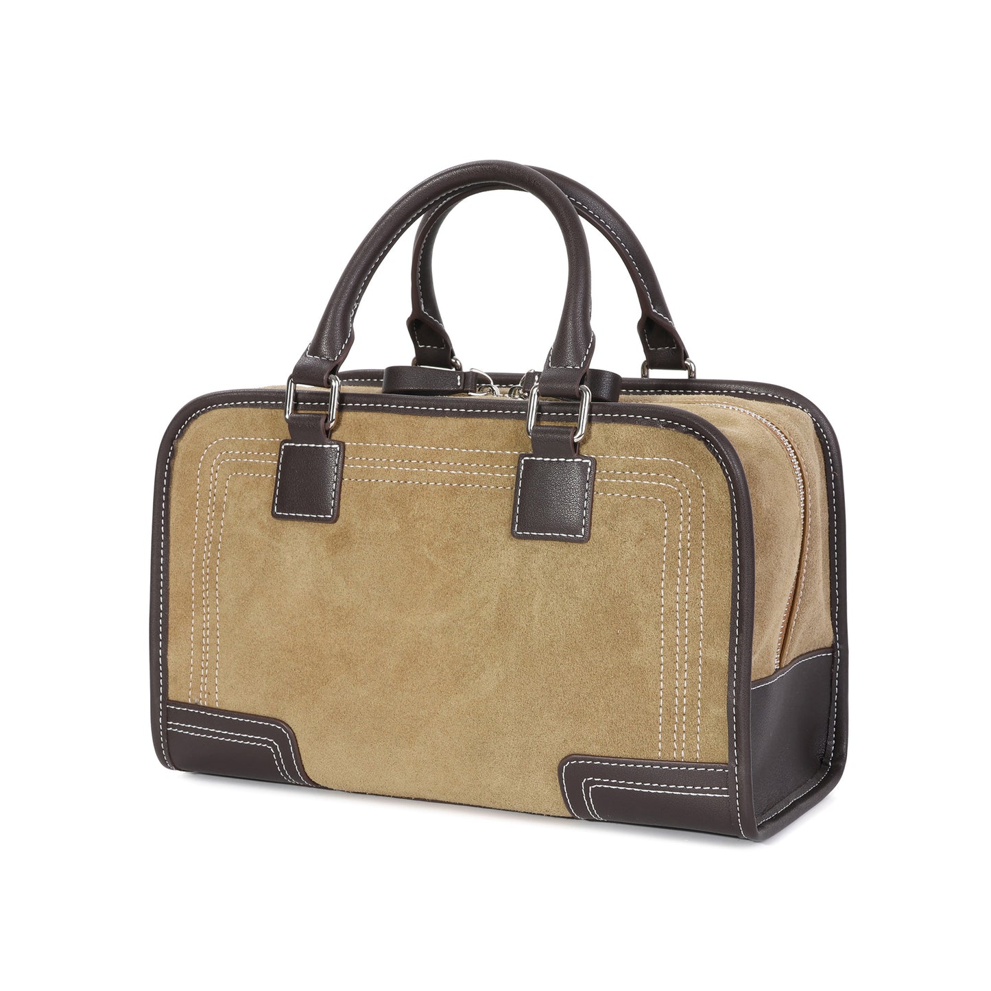 Suede & Leather Top Handle Satchel with Shoulder Strap