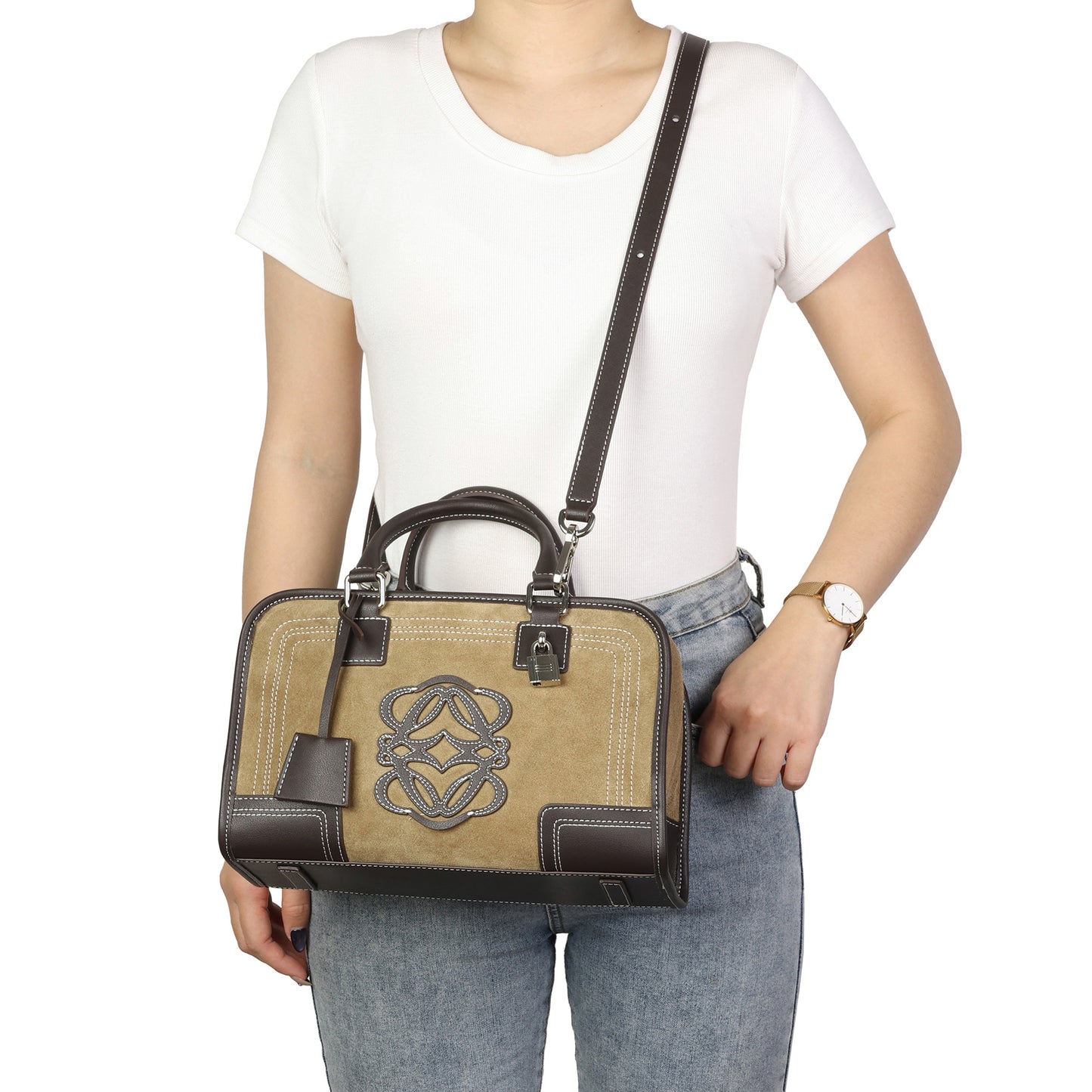 Suede & Leather Top Handle Satchel with Shoulder Strap