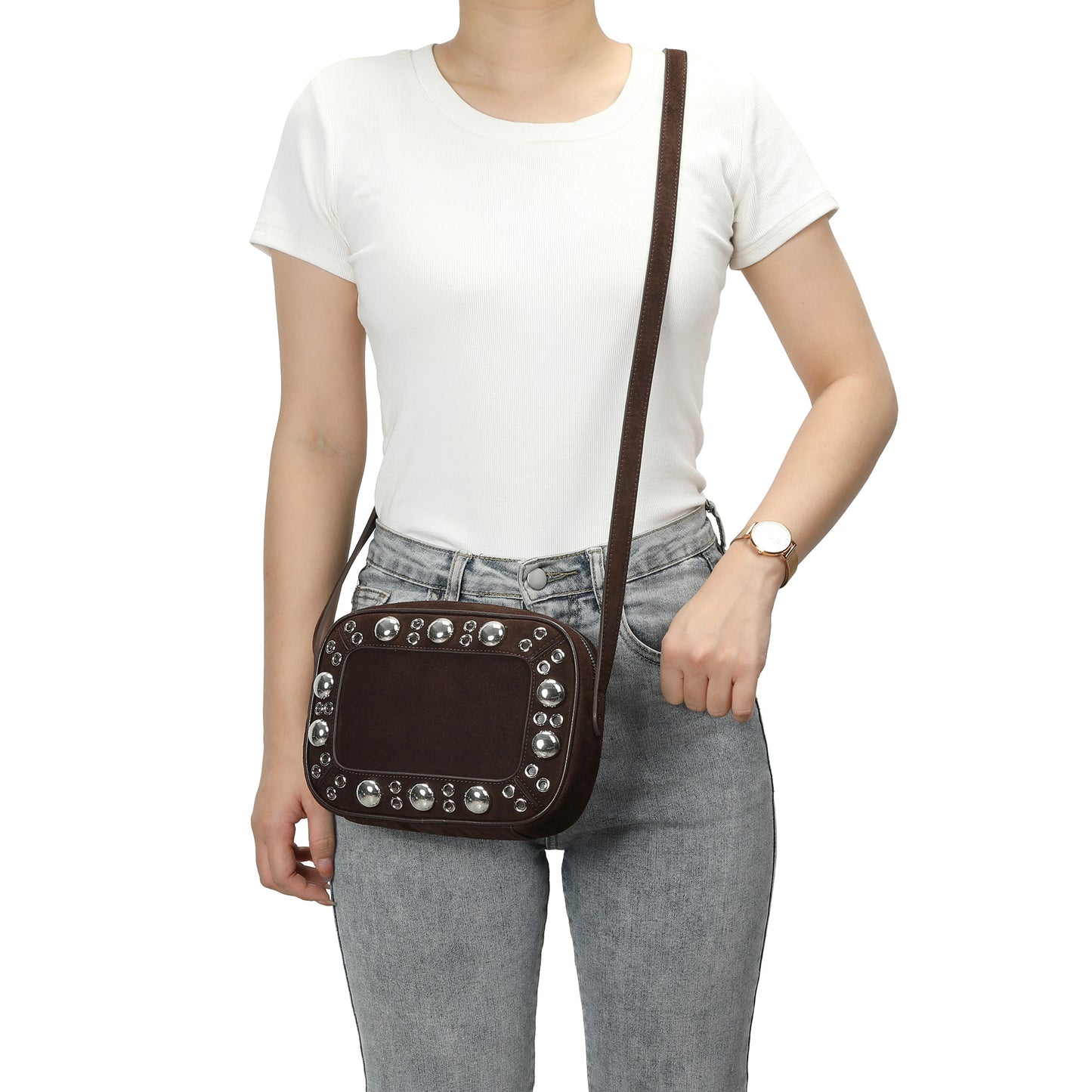 Suede Leather Studded Crossbody Bag