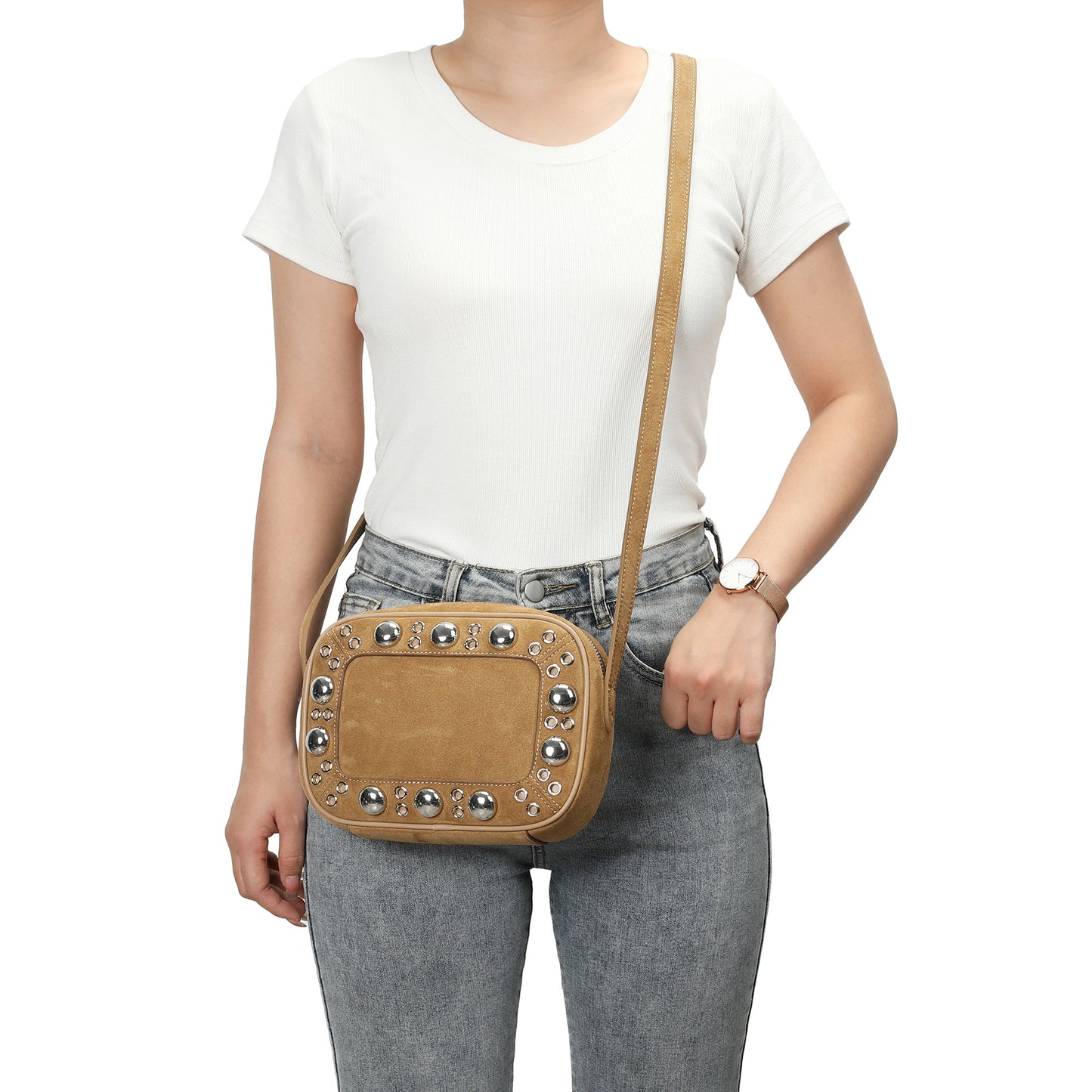 Suede Leather Studded Crossbody Bag