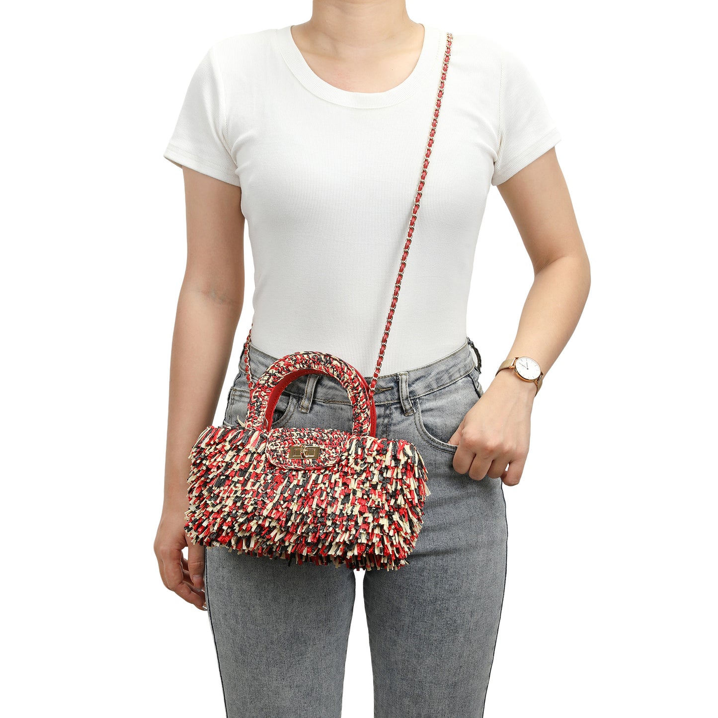 Tassel Weaving Raffia Top Handle Crossbody Bag