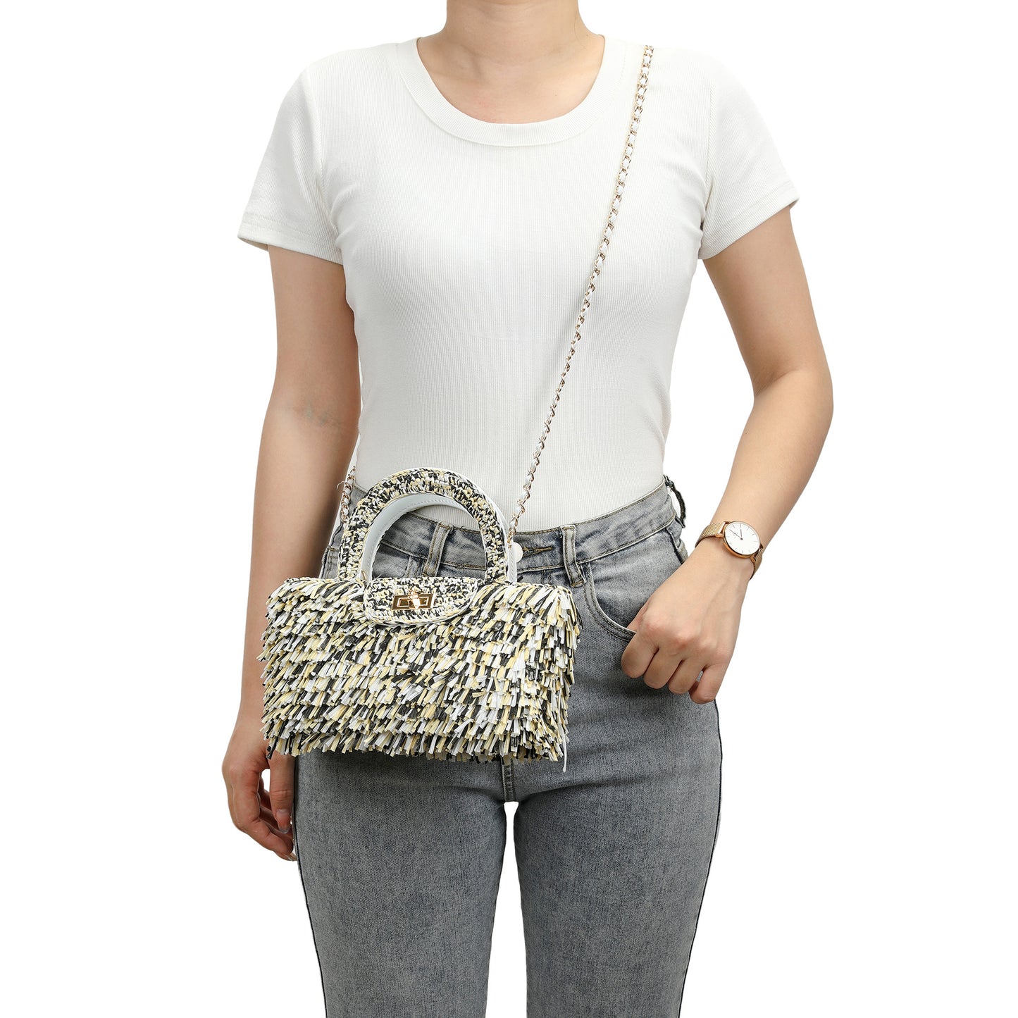 Tassel Weaving Raffia Top Handle Crossbody Bag