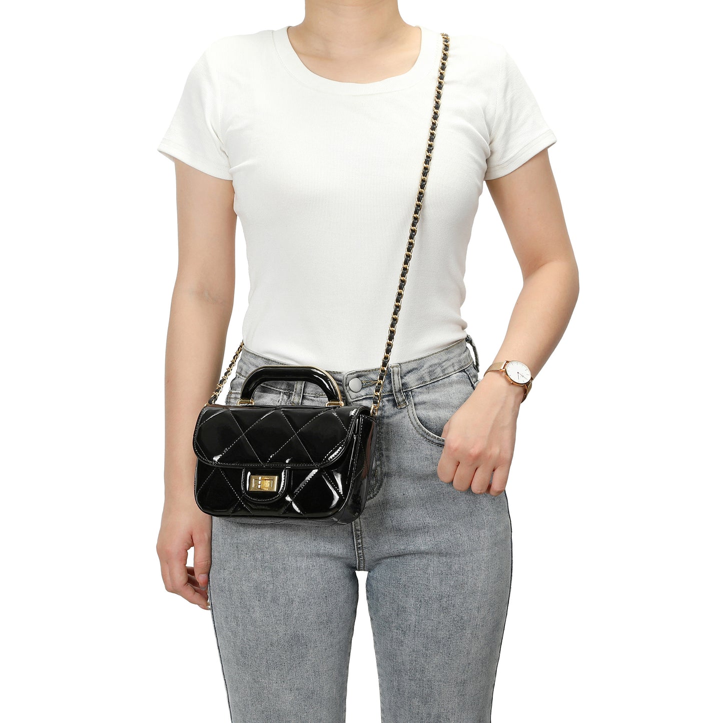 Metallic Leather Quilted Top Handle Crossbody Bag