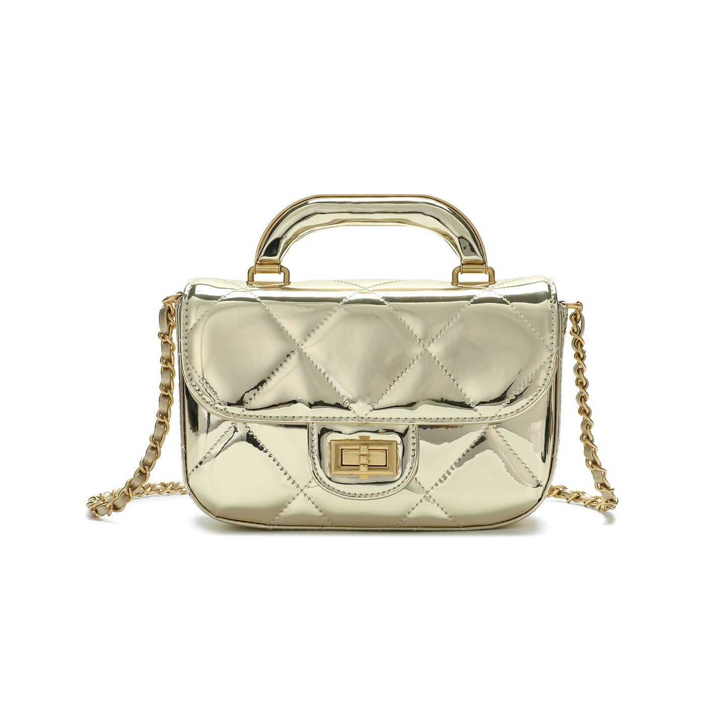 Metallic Leather Quilted Top Handle Crossbody Bag