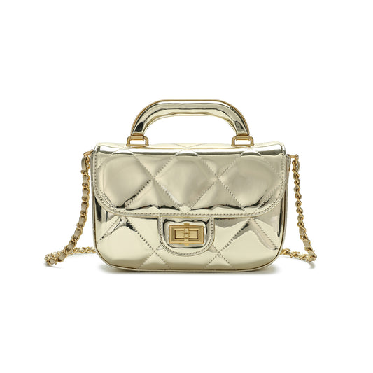Metallic Leather Quilted Top Handle Crossbody Bag