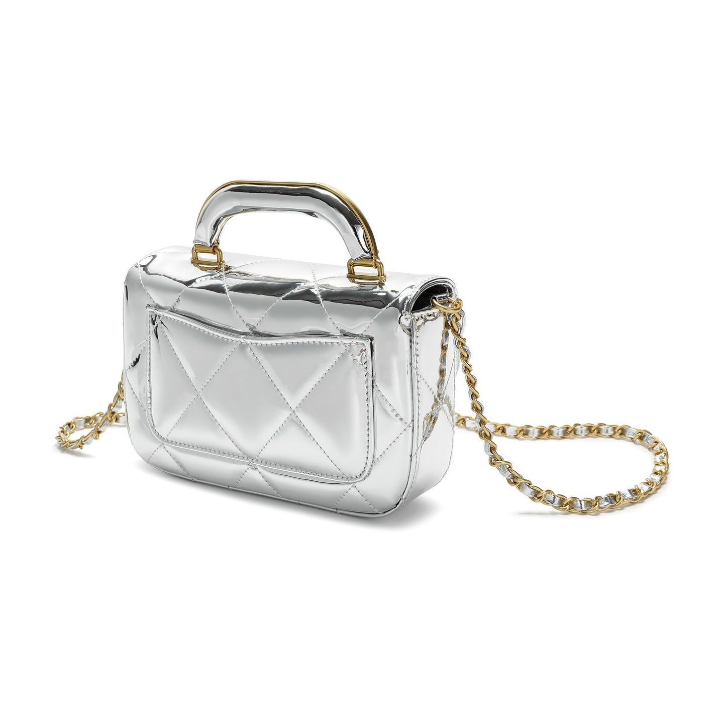 Metallic Leather Quilted Top Handle Crossbody Bag