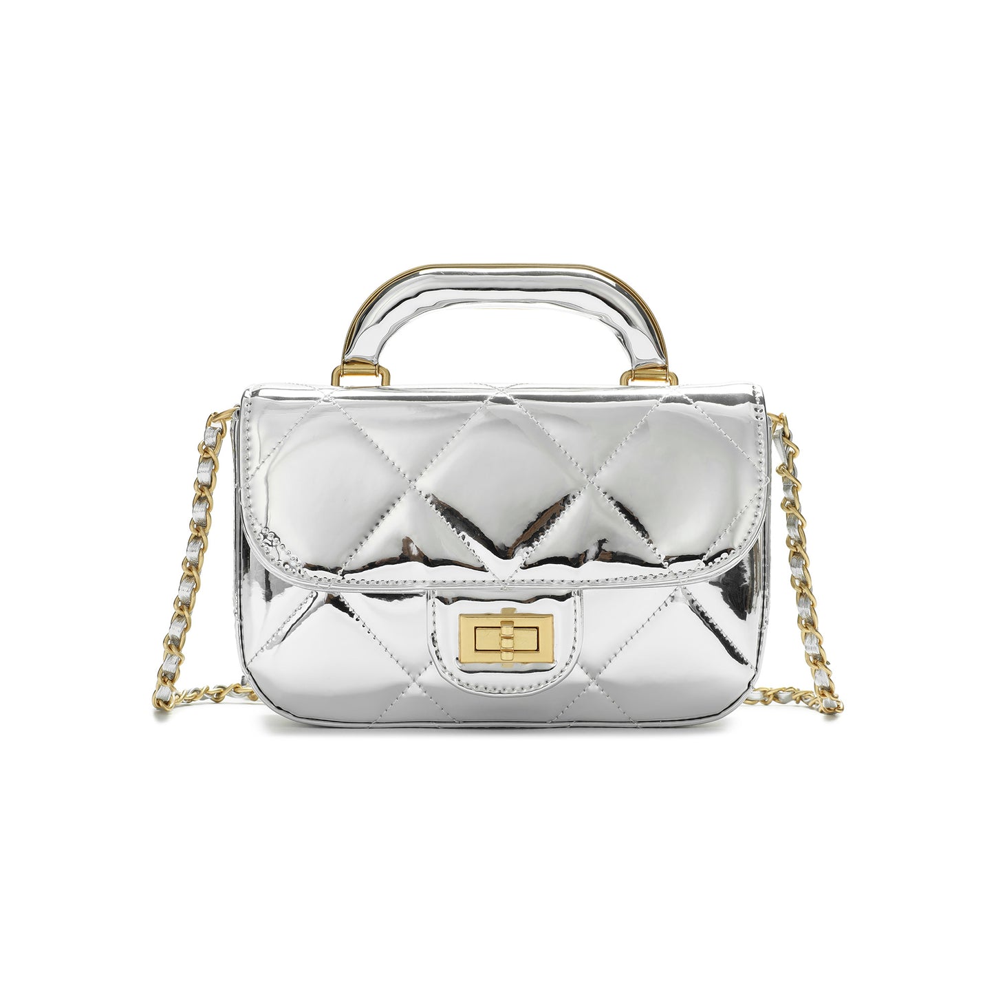Metallic Leather Quilted Top Handle Crossbody Bag