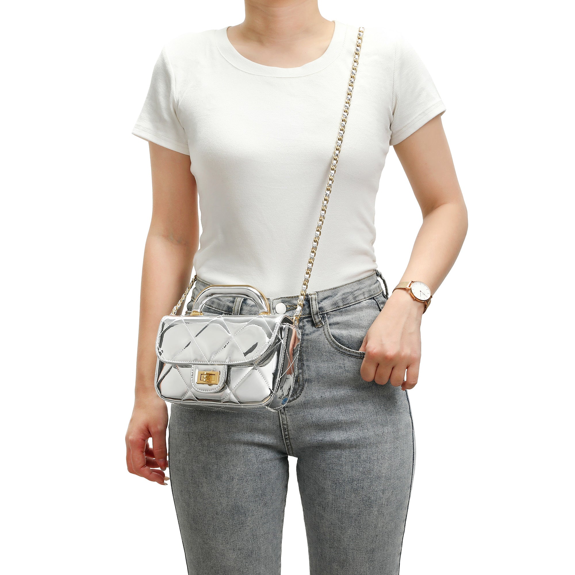 Metallic Leather Quilted Top Handle Crossbody Bag – Tiffany & Fred