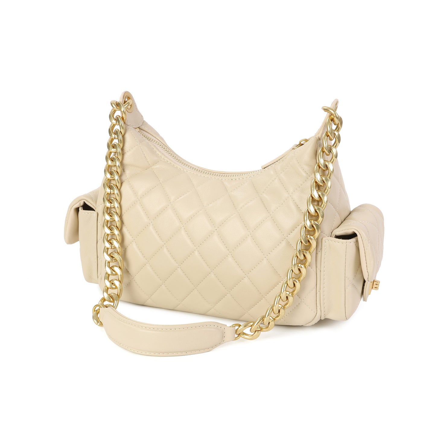 Soft Quilted Leather Shoulder Bag with Gold Chain & Pocket Details