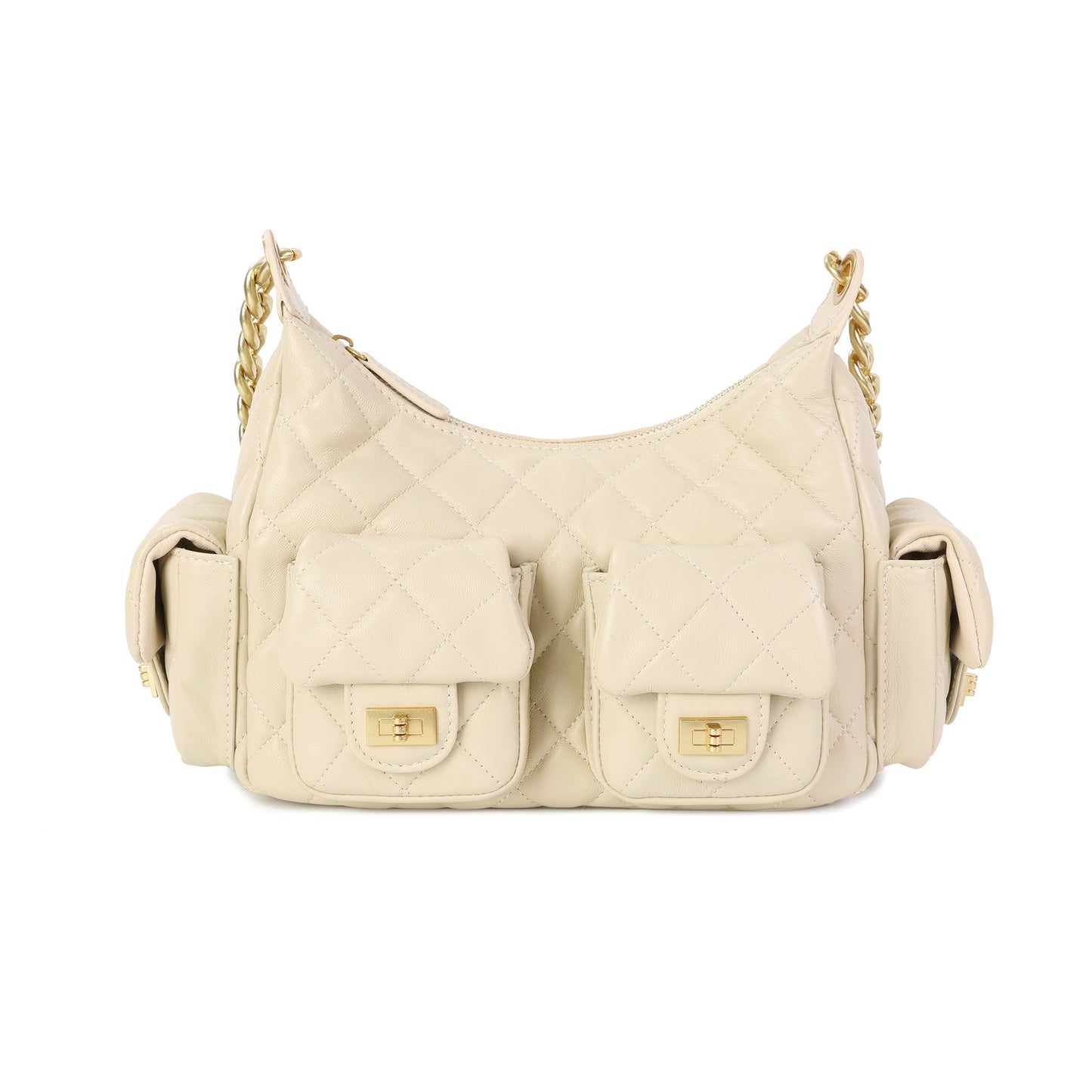 Soft Quilted Leather Shoulder Bag with Gold Chain & Pocket Details