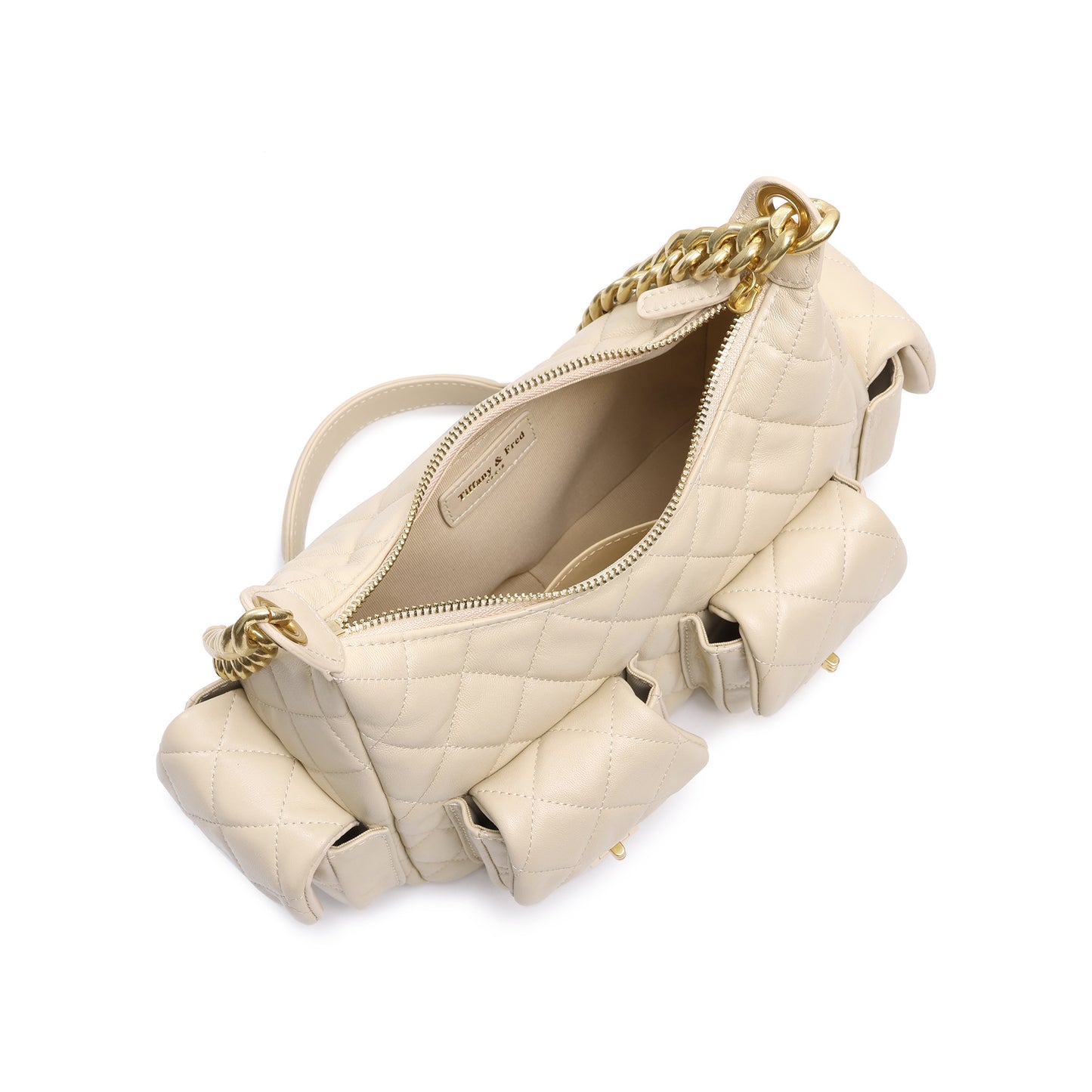 Soft Quilted Leather Shoulder Bag with Gold Chain & Pocket Details