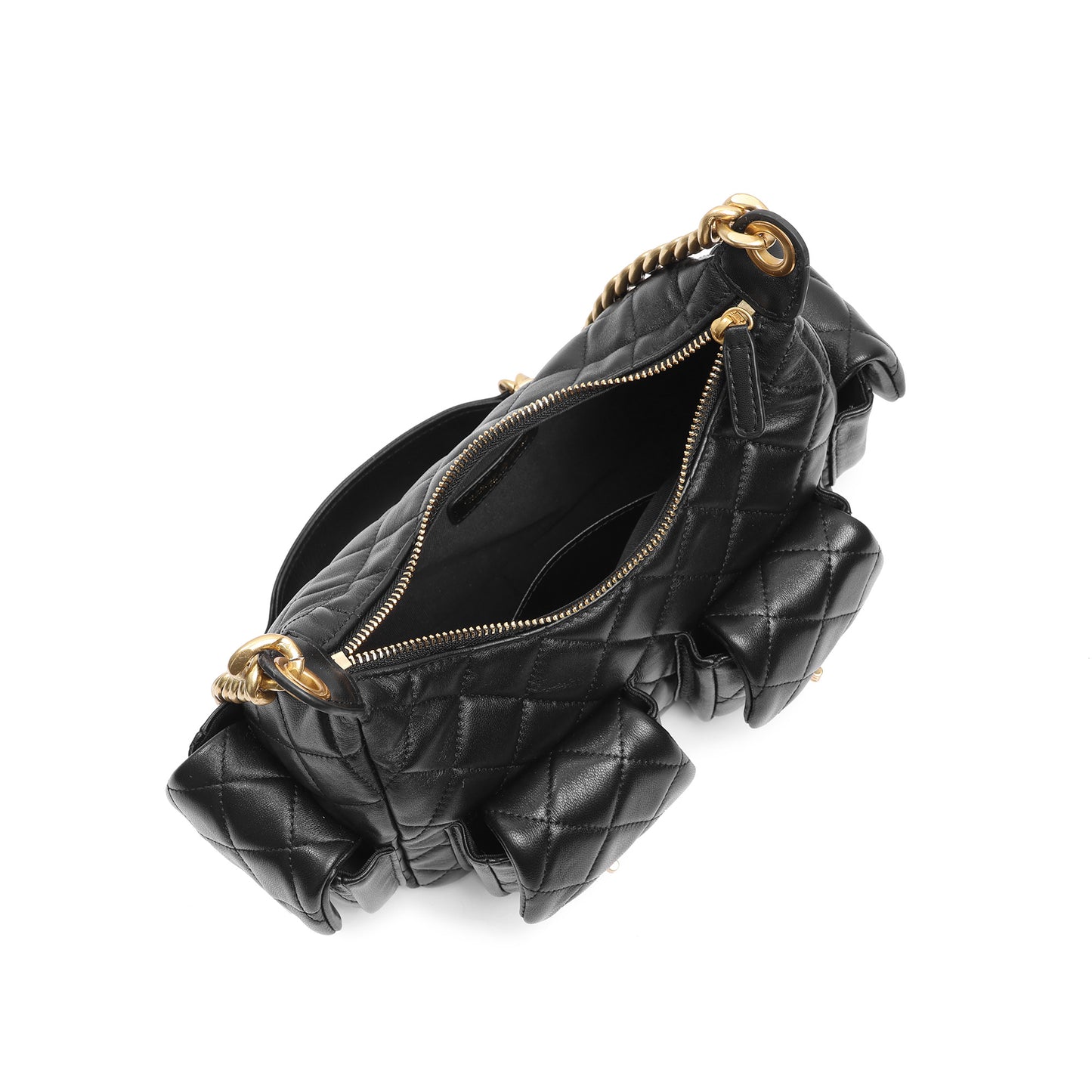 Soft Quilted Leather Shoulder Bag with Gold Chain & Pocket Details