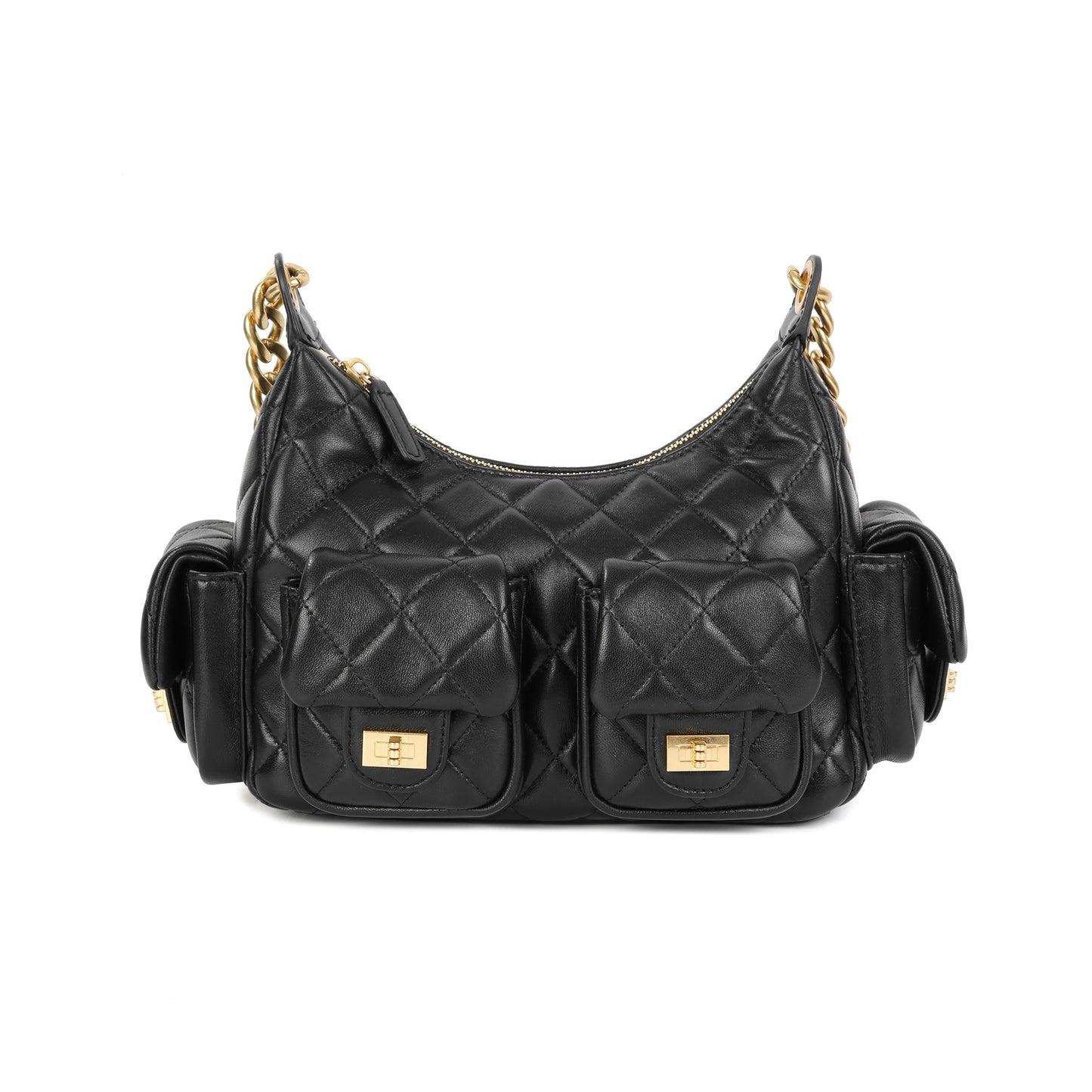Soft Quilted Leather Shoulder Bag with Gold Chain & Pocket Details