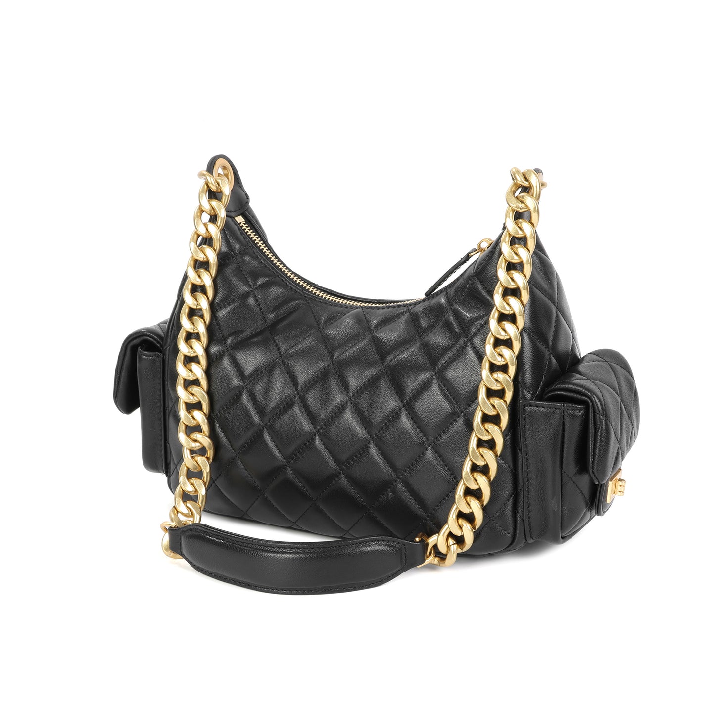 Soft Quilted Leather Shoulder Bag with Gold Chain & Pocket Details
