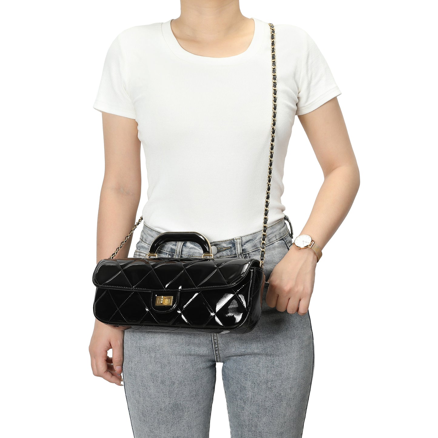 Metallic Leather Quilted Top Handle Clutch/Crossbody Bag