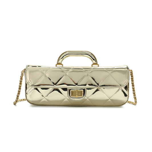 Metallic Leather Quilted Top Handle Clutch/Crossbody Bag