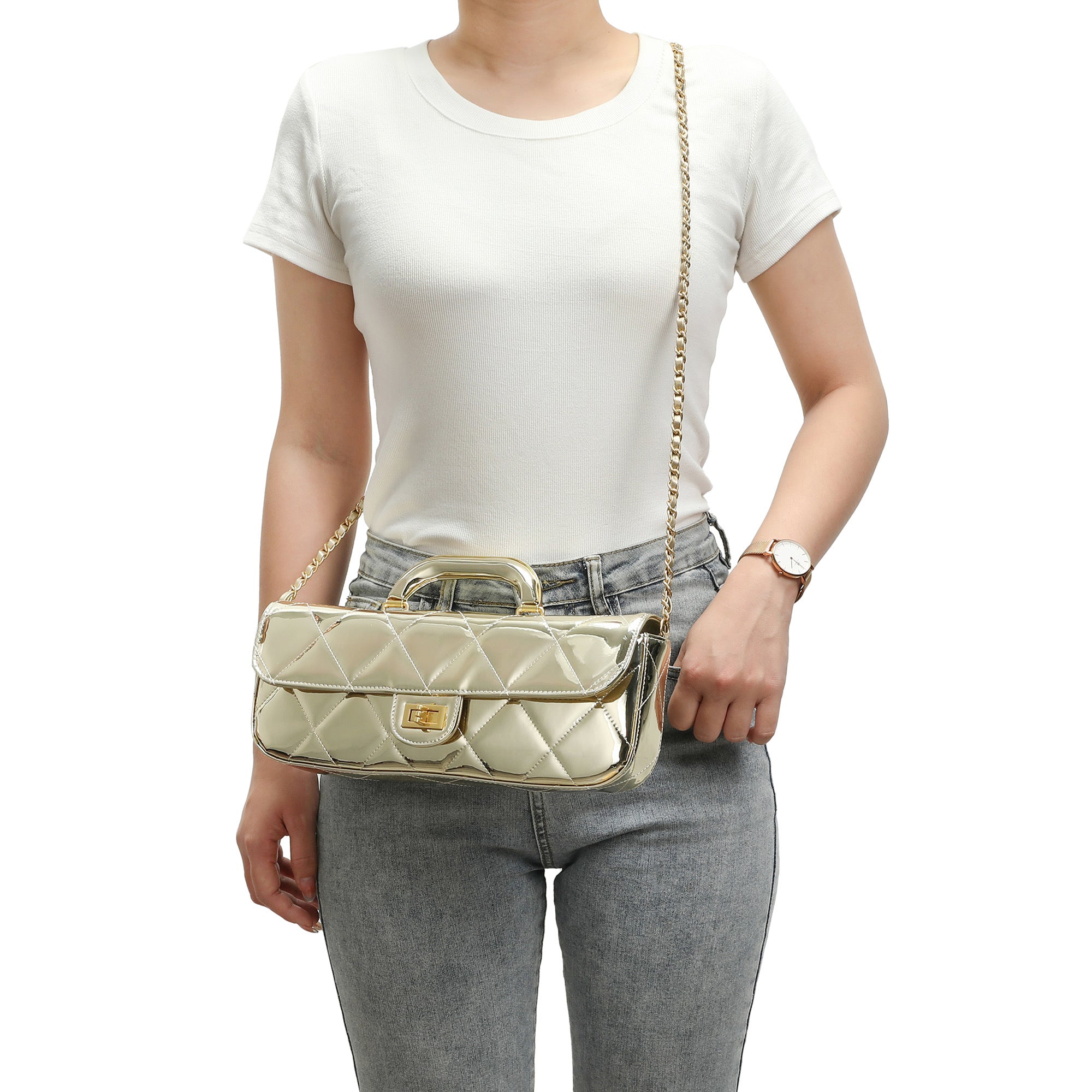 Metallic Leather Quilted Top Handle Clutch/Crossbody Bag – Tiffany