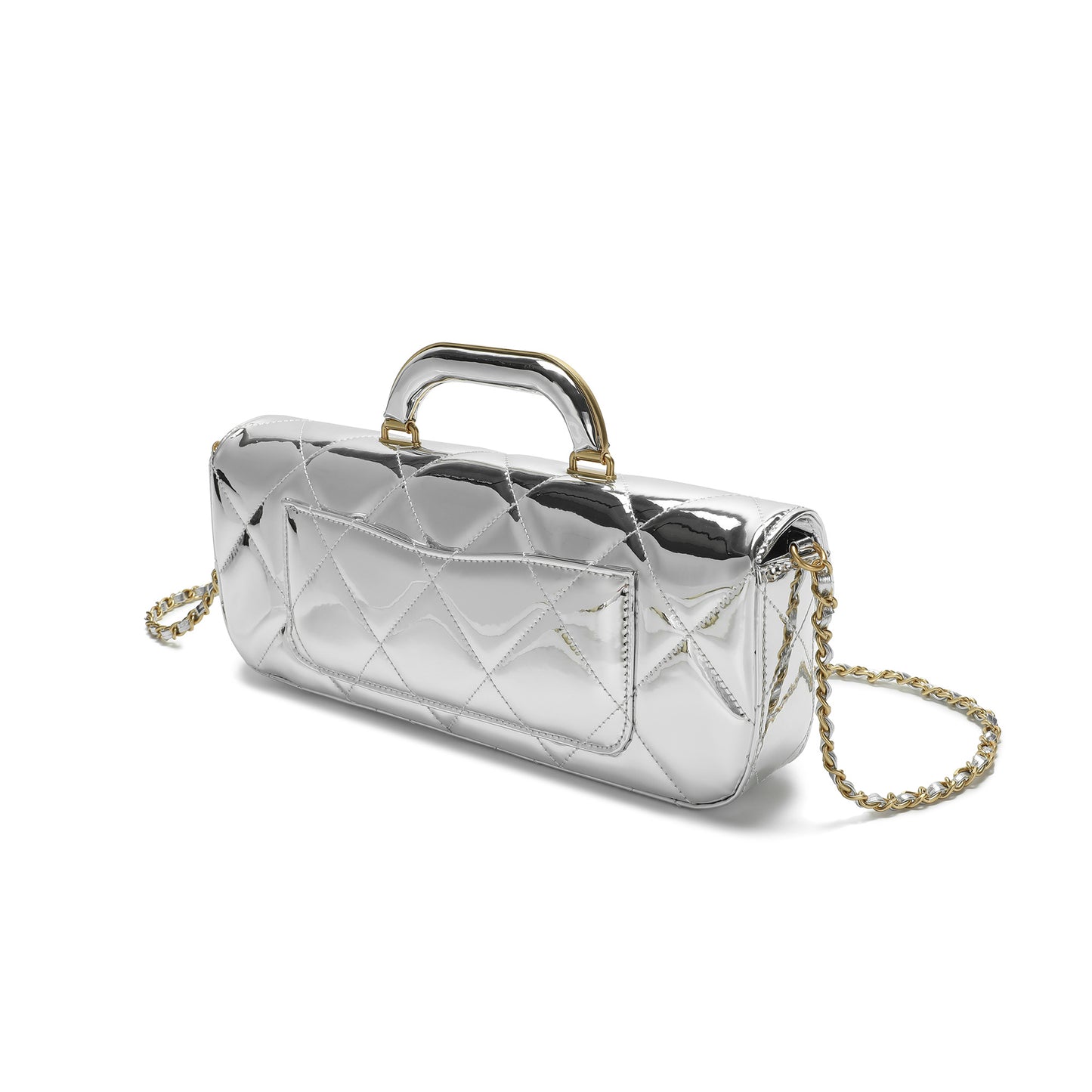 Metallic Leather Quilted Top Handle Clutch/Crossbody Bag