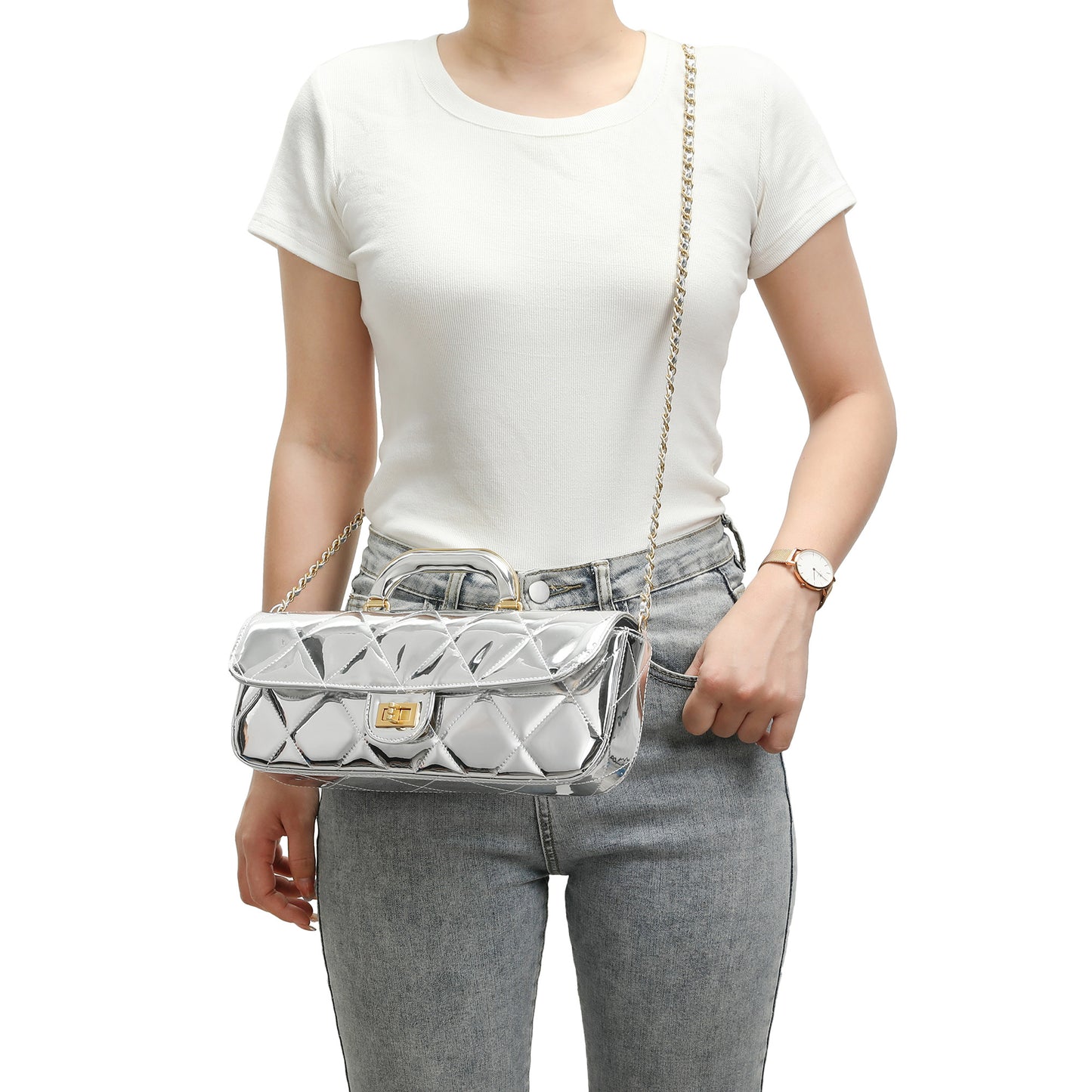Metallic Leather Quilted Top Handle Clutch/Crossbody Bag