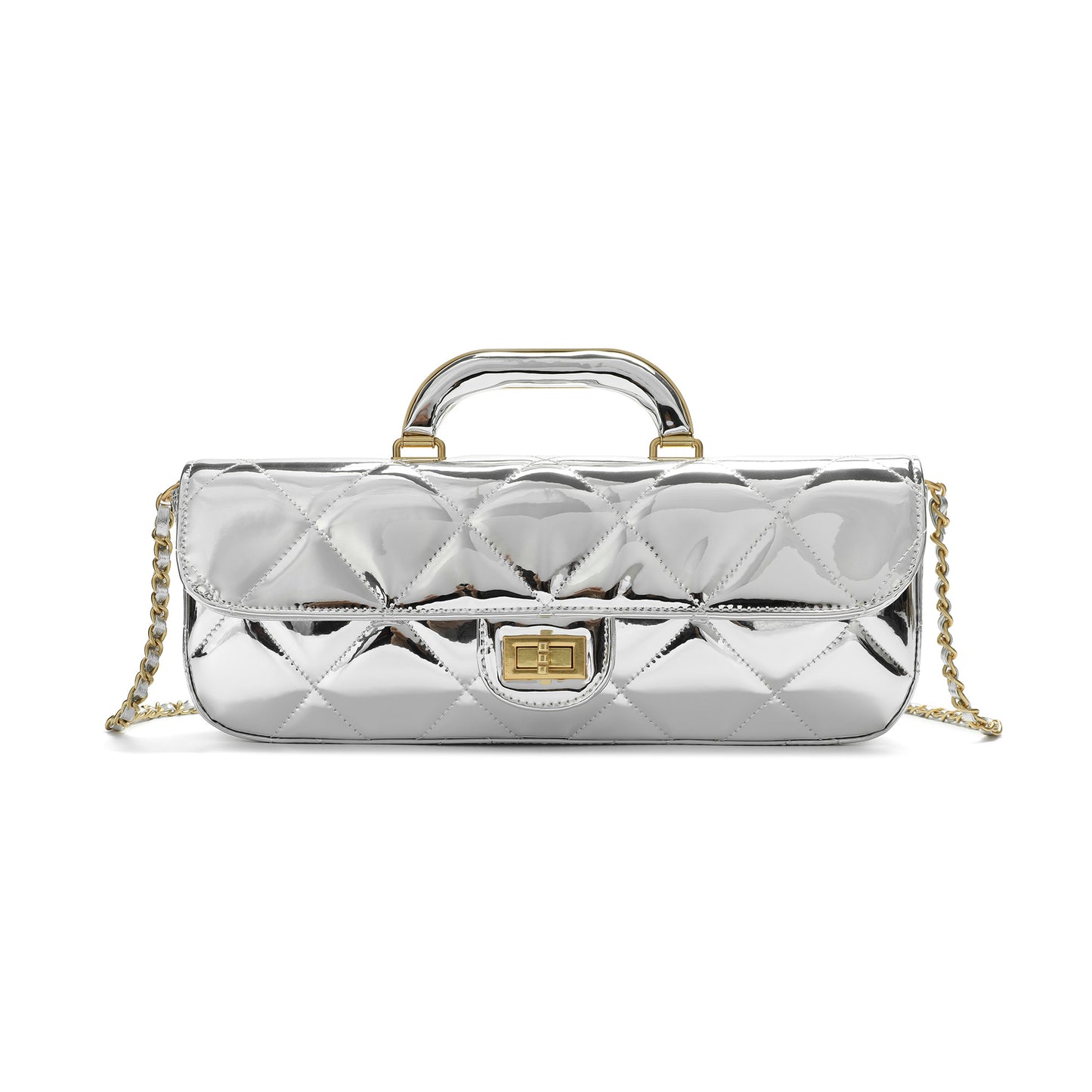 Metallic Leather Quilted Top Handle Clutch/Crossbody Bag