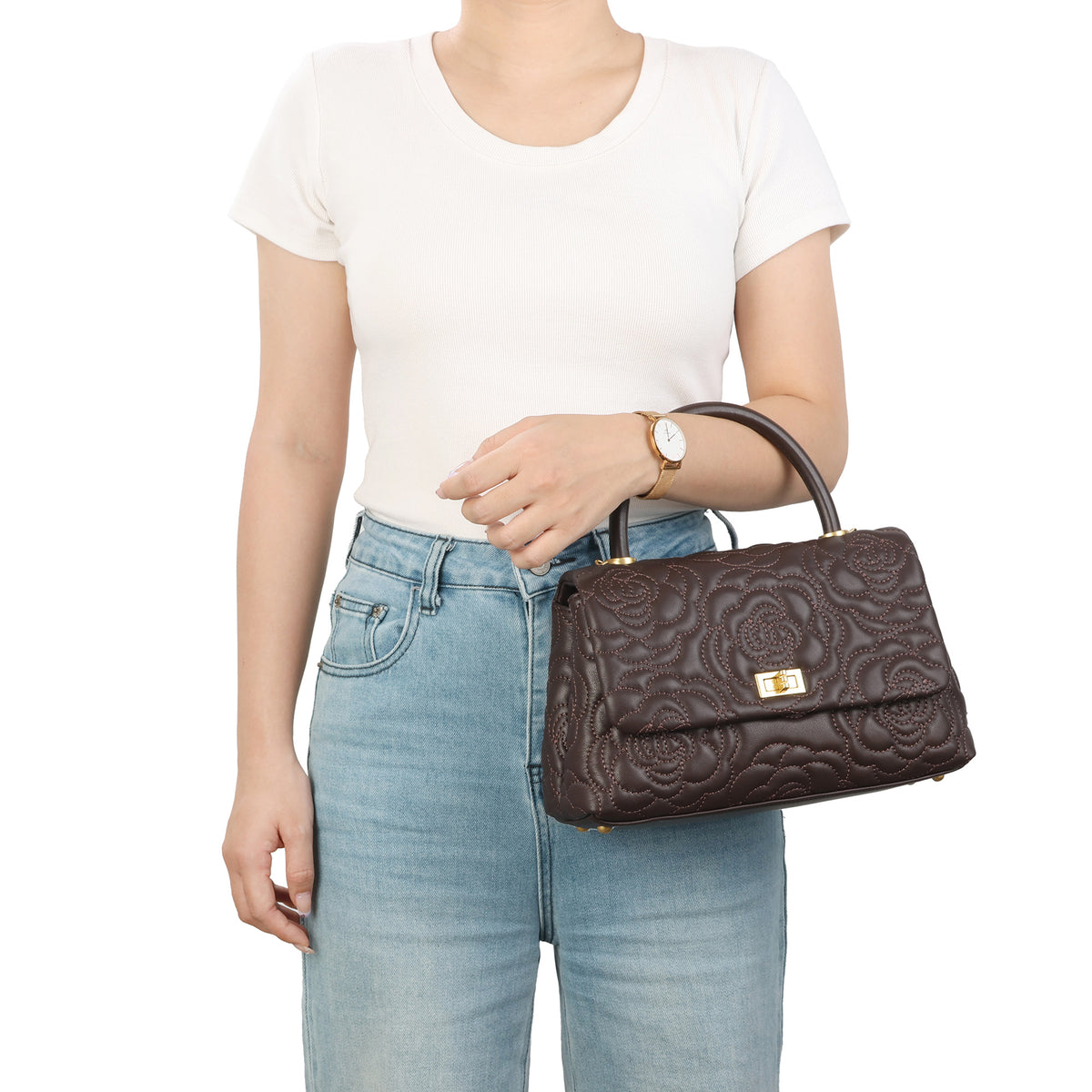Quilted Floral Top Handle Bag
