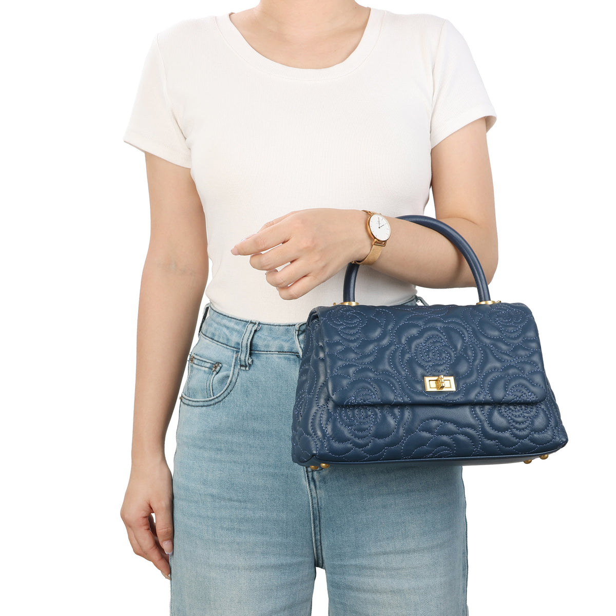 Quilted Floral Top Handle Bag