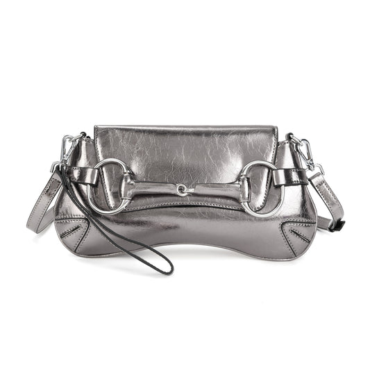 Metallic Leather Shoulder Bag with Horsebit Hardware