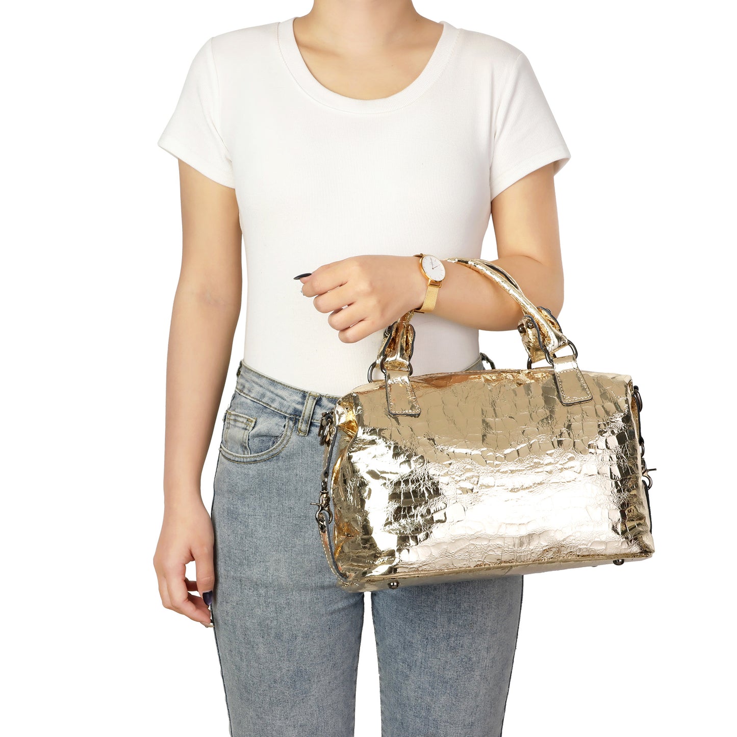 Metallic Croc-Embossed Leather Satchel