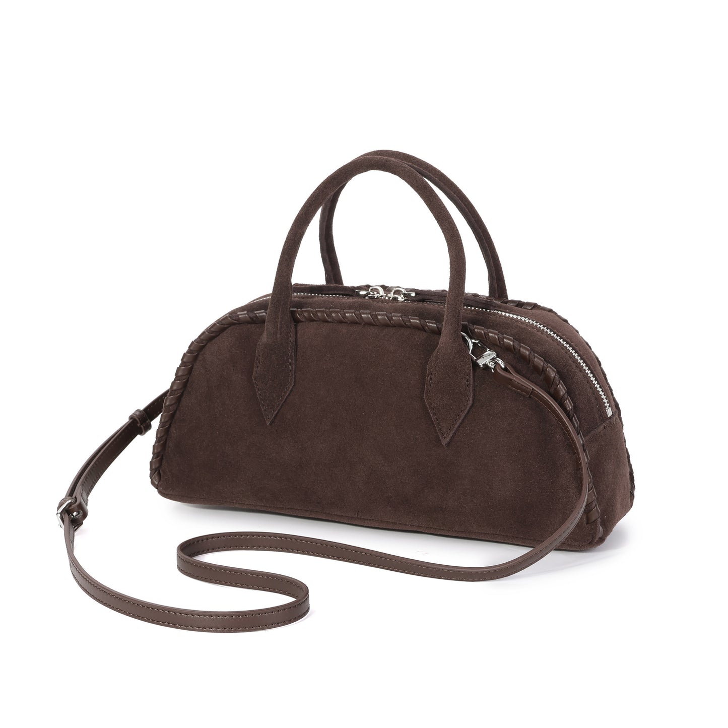 Whipstitch Suede Top-Handle Satchel with Crossbody Strap