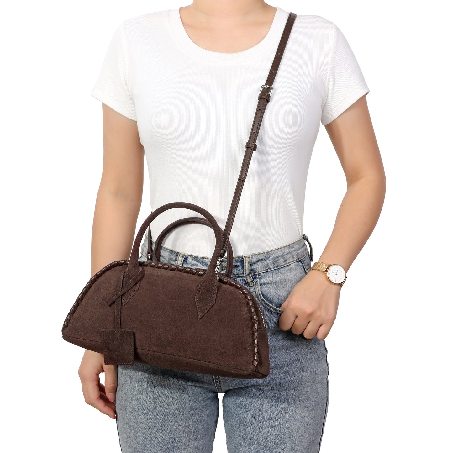 Whipstitch Suede Top-Handle Satchel with Crossbody Strap