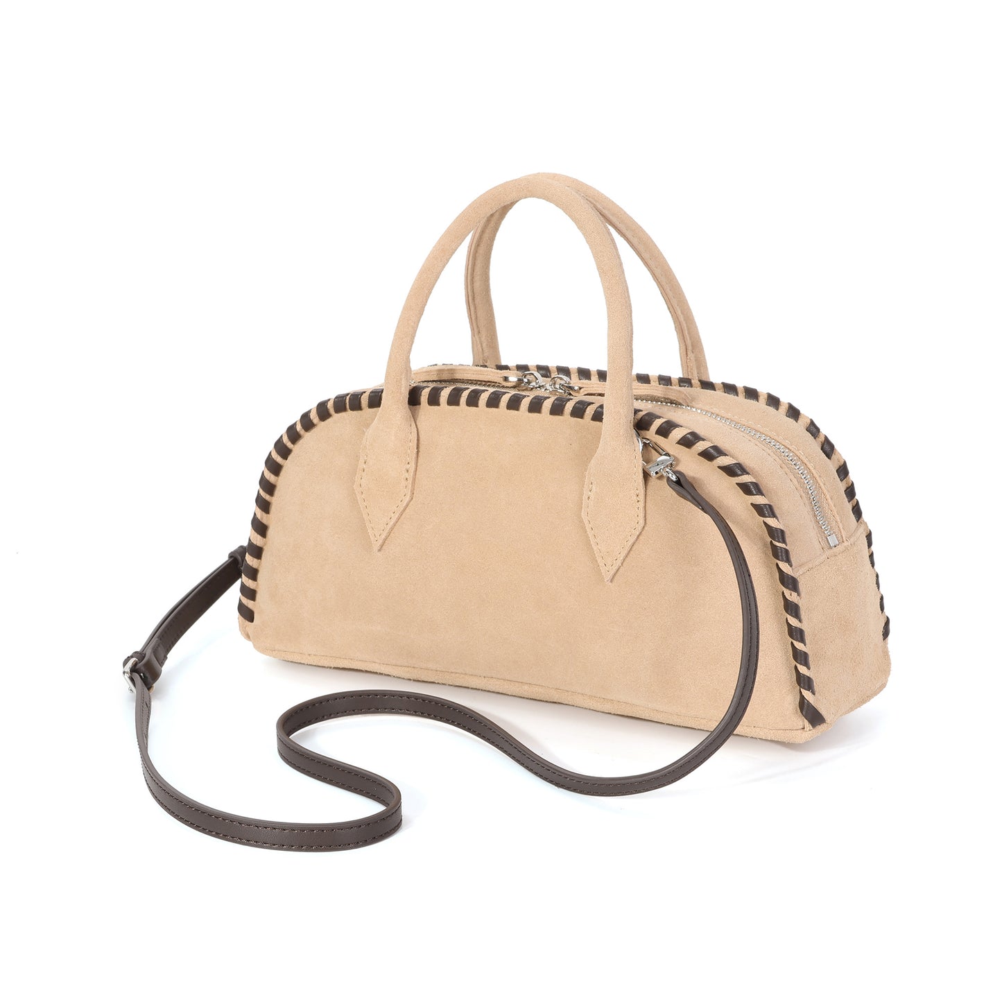 Whipstitch Suede Top-Handle Satchel with Crossbody Strap